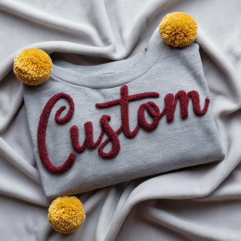 CUSTOM Personalized YARN EMBROIDERED Sweatshirt Chenille Yarn Team Game Day Gear Fuzzy Letters Customized Team Spirit Shirts Trending Now image 2