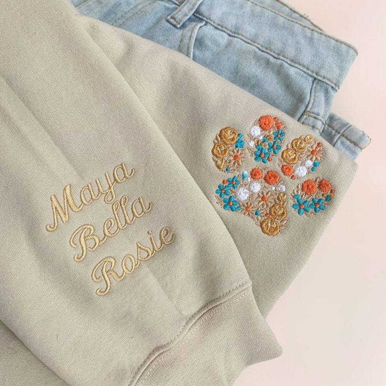 Custom Floral Embroidered Pet Pawprint Sweatshirt