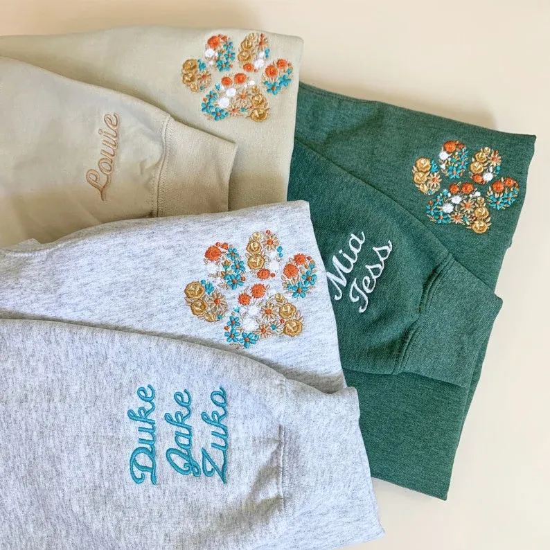 Custom Floral Embroidered Pet Pawprint Sweatshirt