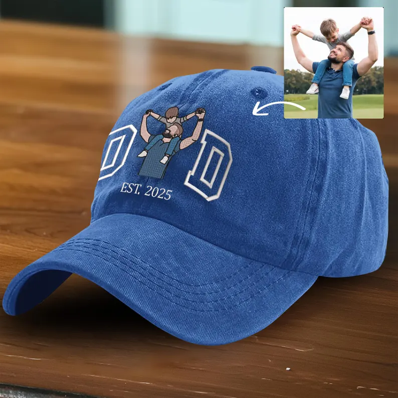 Custom Photo Embroidered Dad Hat, Embroidered Portrait Dad And Child Cap, Personalized Gift for Father’s Day, Unique Photo Birthday Hat