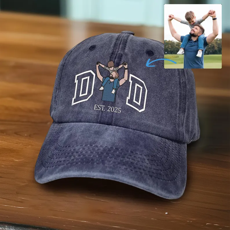 Custom Photo Embroidered Dad Hat, Embroidered Portrait Dad And Child Cap, Personalized Gift for Father’s Day, Unique Photo Birthday Hat