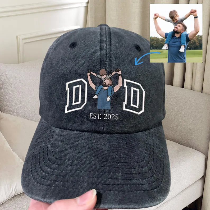 Custom Photo Embroidered Dad Hat, Embroidered Portrait Dad And Child Cap, Personalized Gift for Father’s Day, Unique Photo Birthday Hat