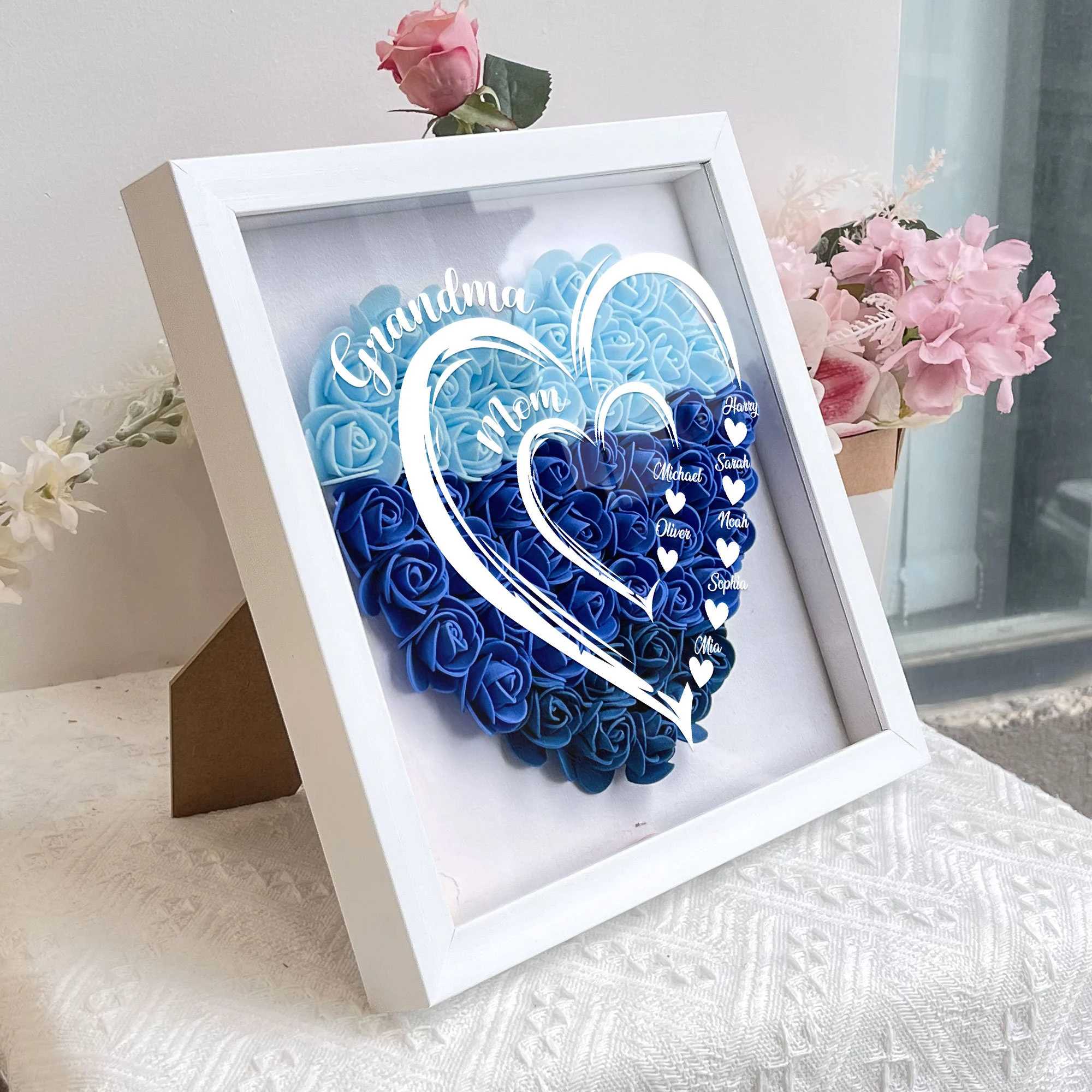 Custom Flower Heart Shadow Box with Names - Mother's Day Gifts For Grandma, Mom