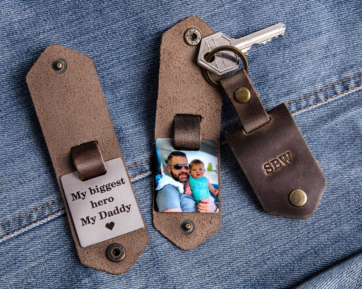 Dad leather keychain personalized with picture, dad keychain, personalized gifts for dad picture keychain, Photo keychains personalized