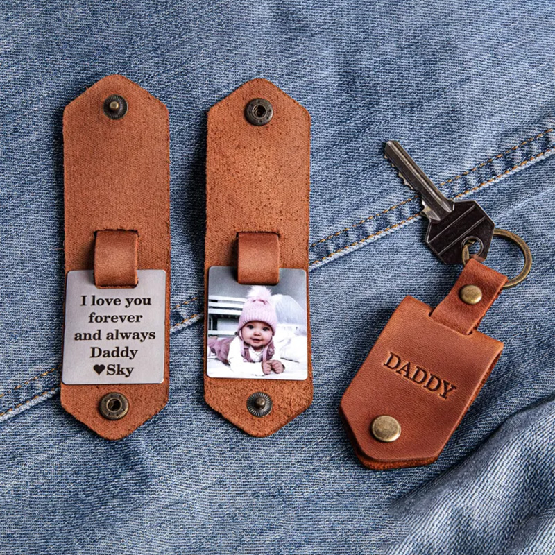 Dad leather keychain personalized with picture, dad keychain, personalized gifts for dad picture keychain, Photo keychains personalized