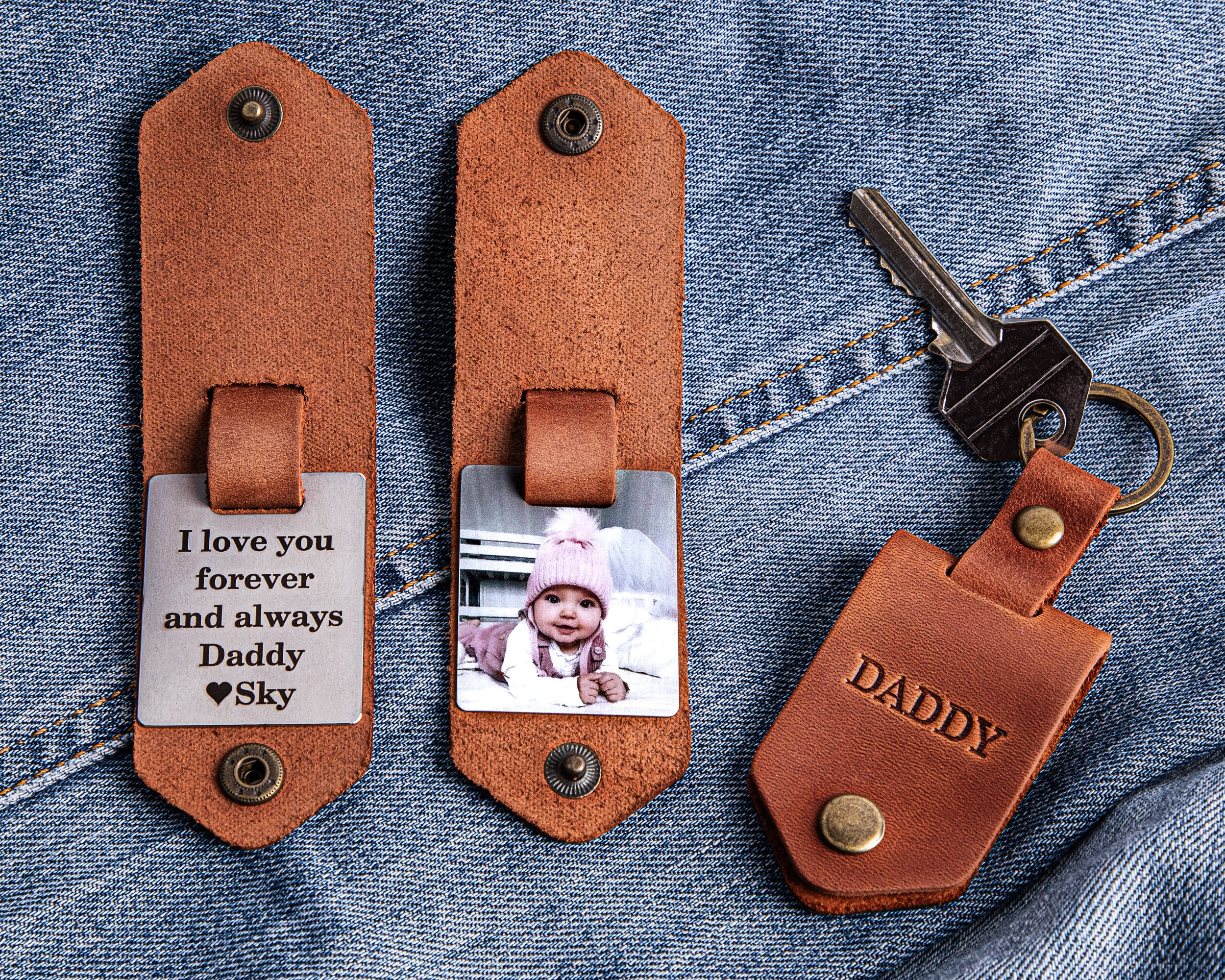 First time dad gift, Leather keychain personalized with photo and name, new dad gift from daughter, daddy to be photo gift