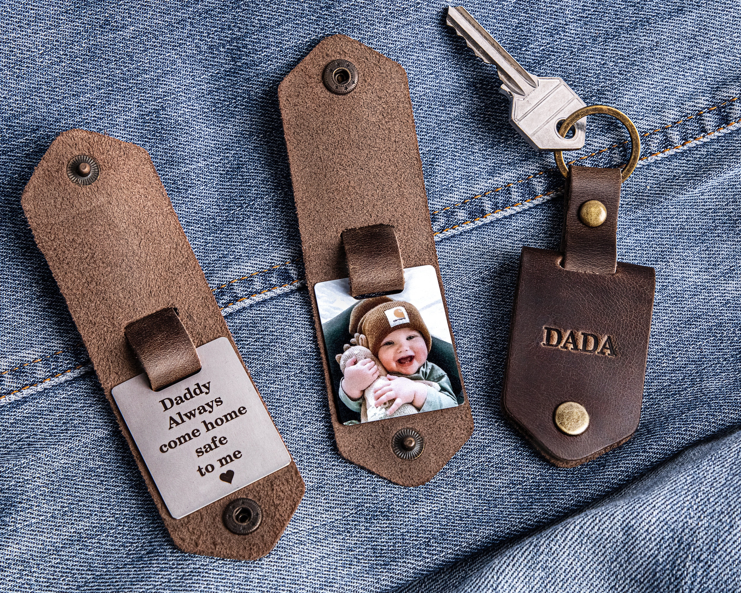 First time dad gift, Leather keychain personalized with photo and name, new dad gift from daughter, daddy to be photo gift