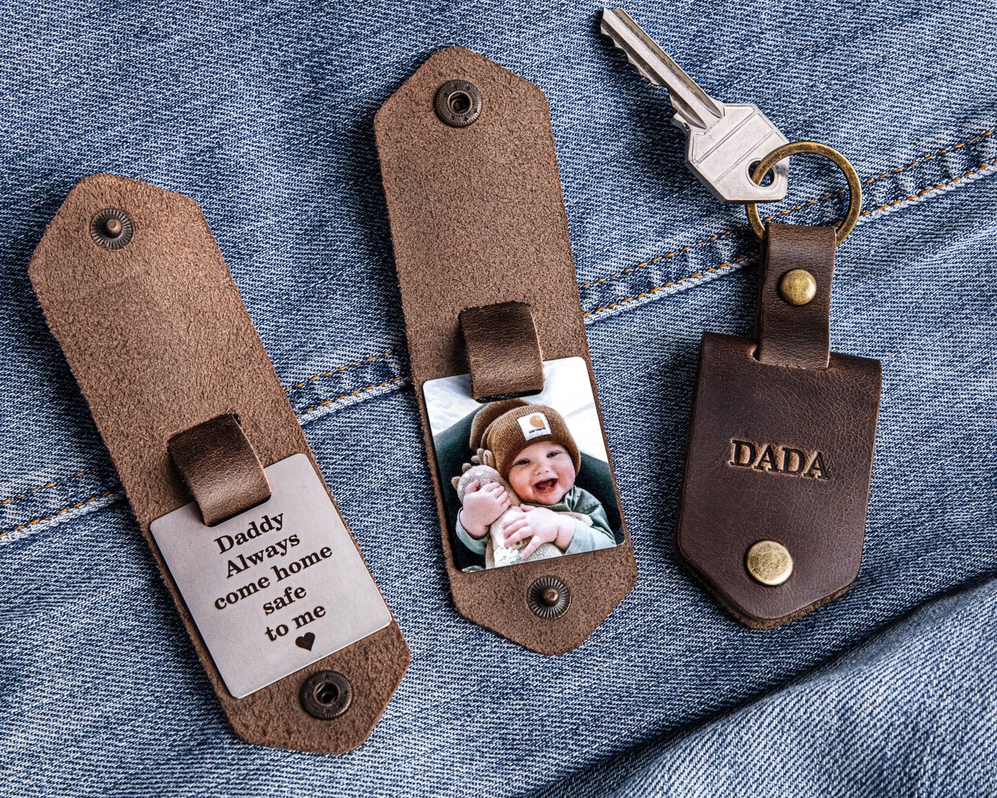 First time dad gift, Leather keychain personalized with photo and name, new dad gift from daughter, daddy to be photo gift