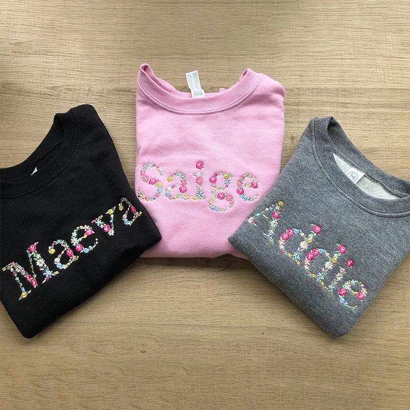 Floral Embroidered Toddler Personalized Name Sweatshirts 2T-7 Gifts for daughter Niece Birthday Girl Best Seller 