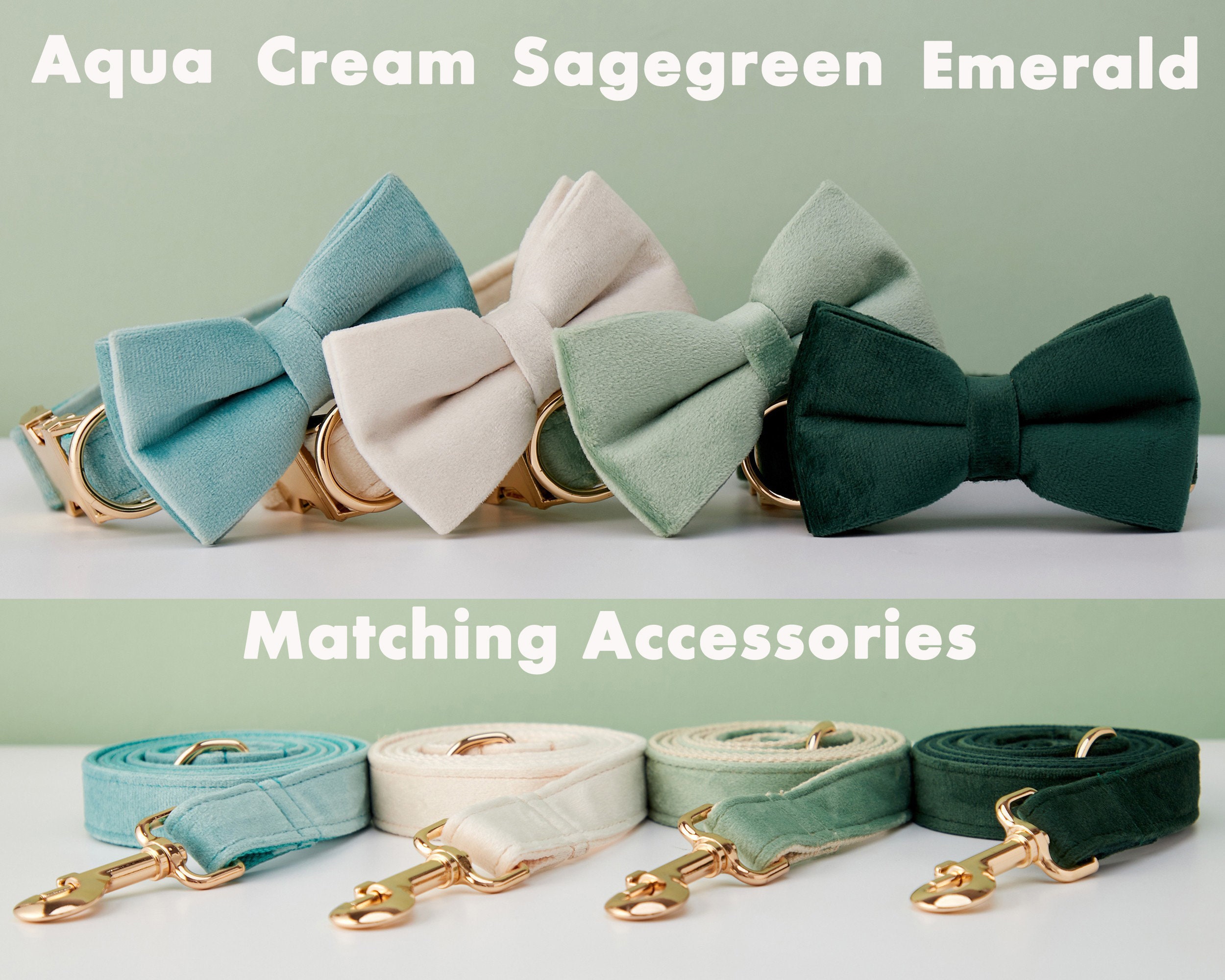 Multiple Colour Velvet Personalise Dog Collar Leash Set with Bow,Engraved Pet Name Plate Metal Buckle,Wedding Puppy Gift