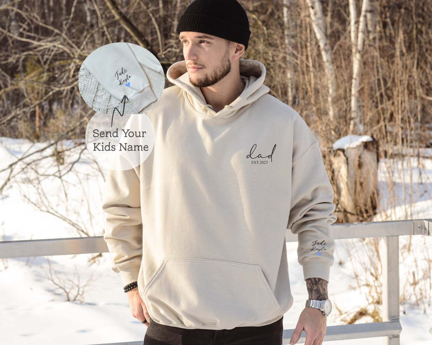 Custom Dad Est with Kids Names and Heart on Sleeve Sweatshirt,Dad Est Sweatshirt,Unique Gifts for Dad, Father's Day Gift