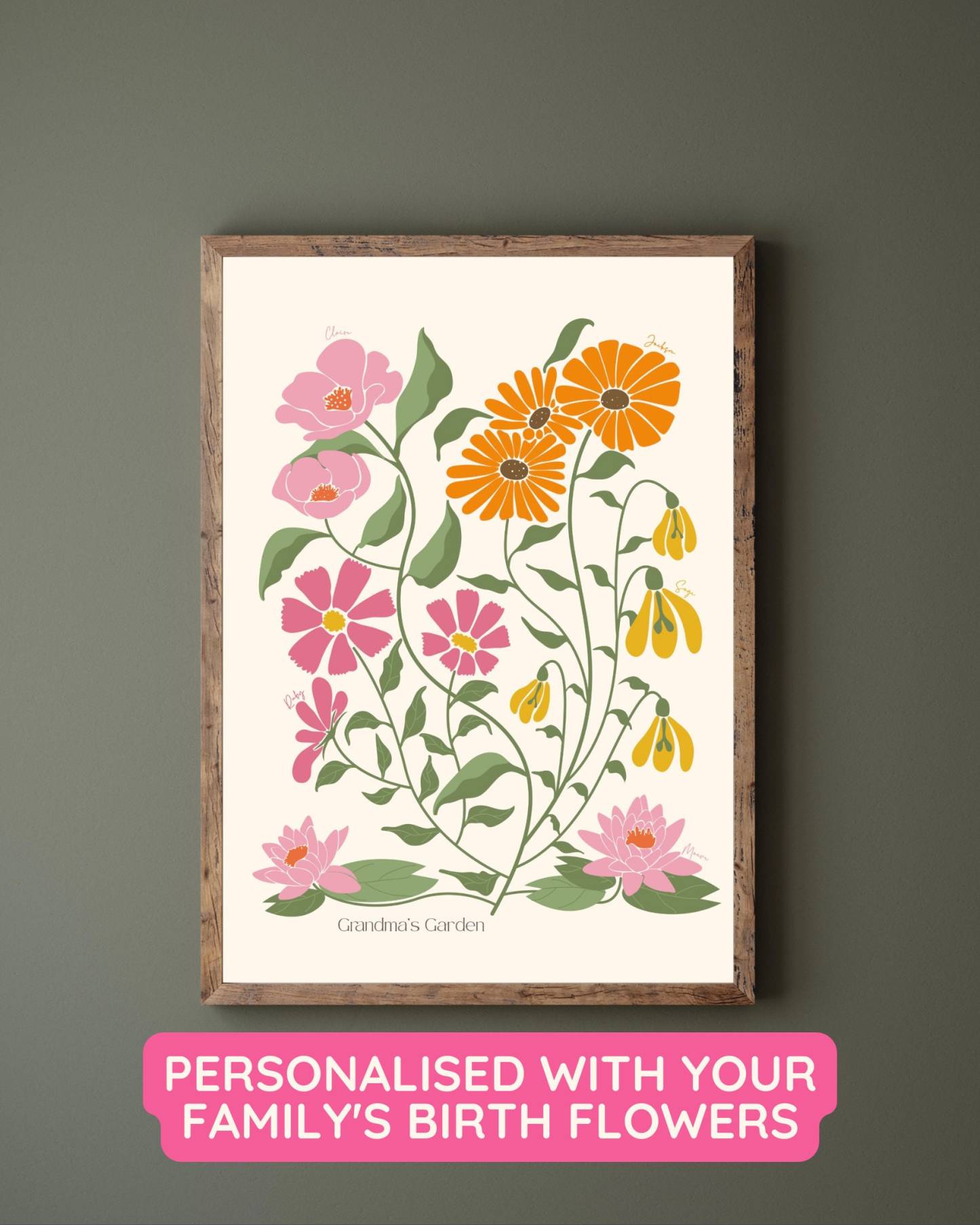 Custom Family Birth Flower Bouquet Artwork | Botanical Boho Minimalist Gift Idea for Mom