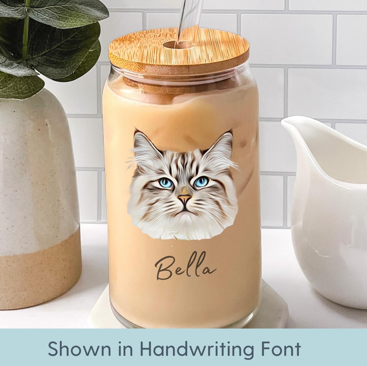 Personalized Pet Glass with Bamboo Lid, Custom Pet Portrait Cup