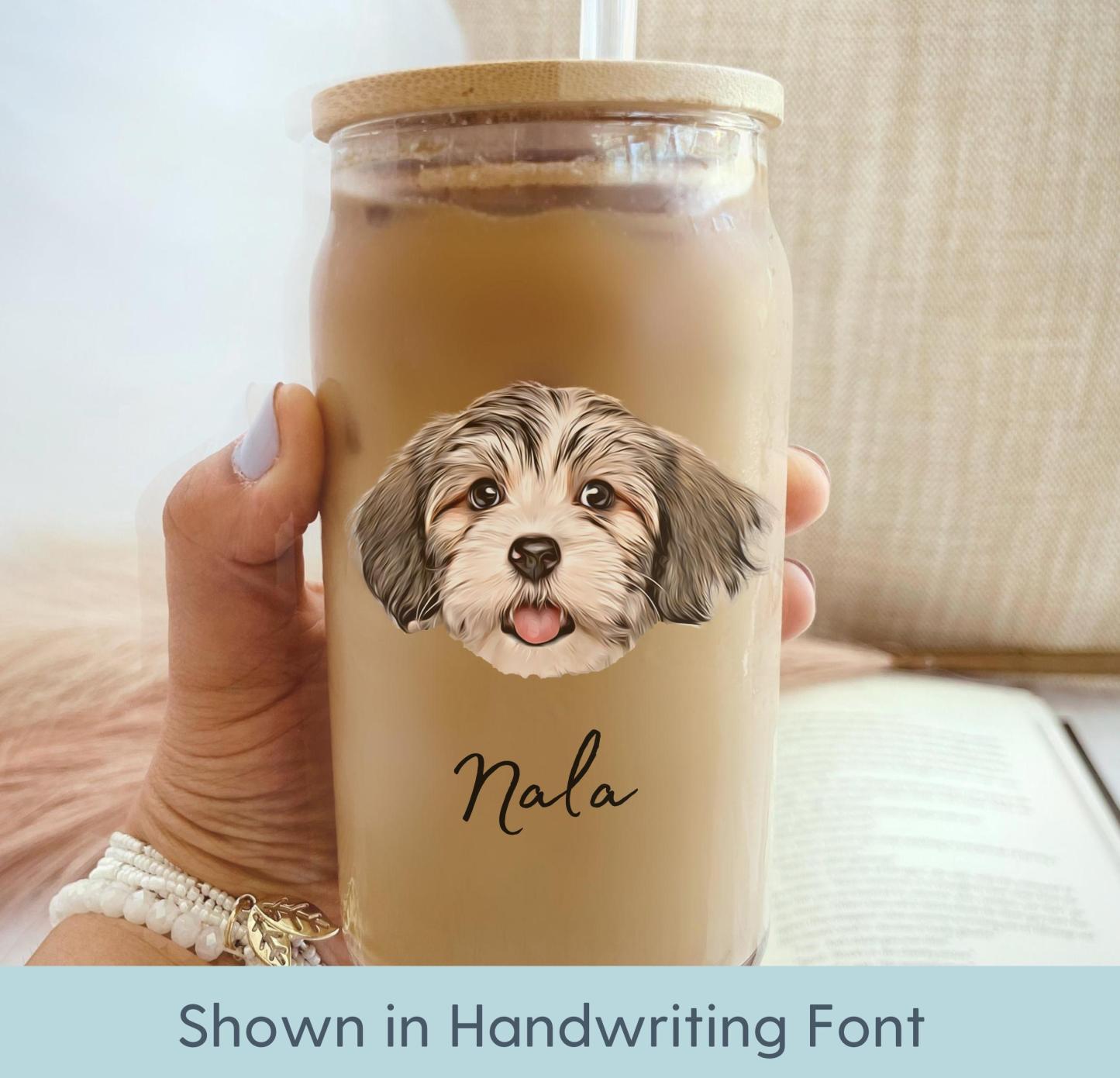 Personalized Pet Glass with Bamboo Lid, Custom Pet Portrait Cup