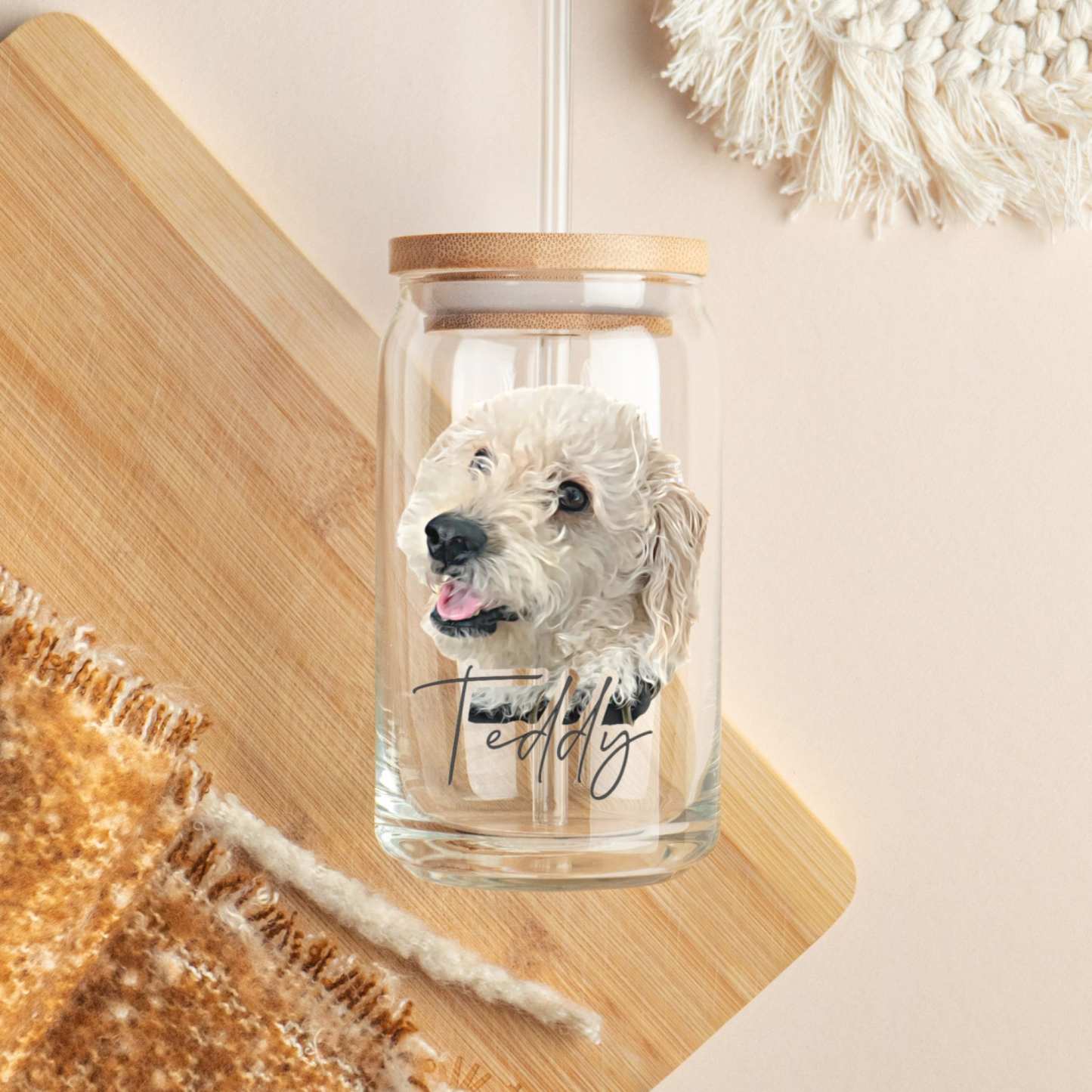 Personalized Pet Glass with Bamboo Lid, Custom Pet Portrait Cup