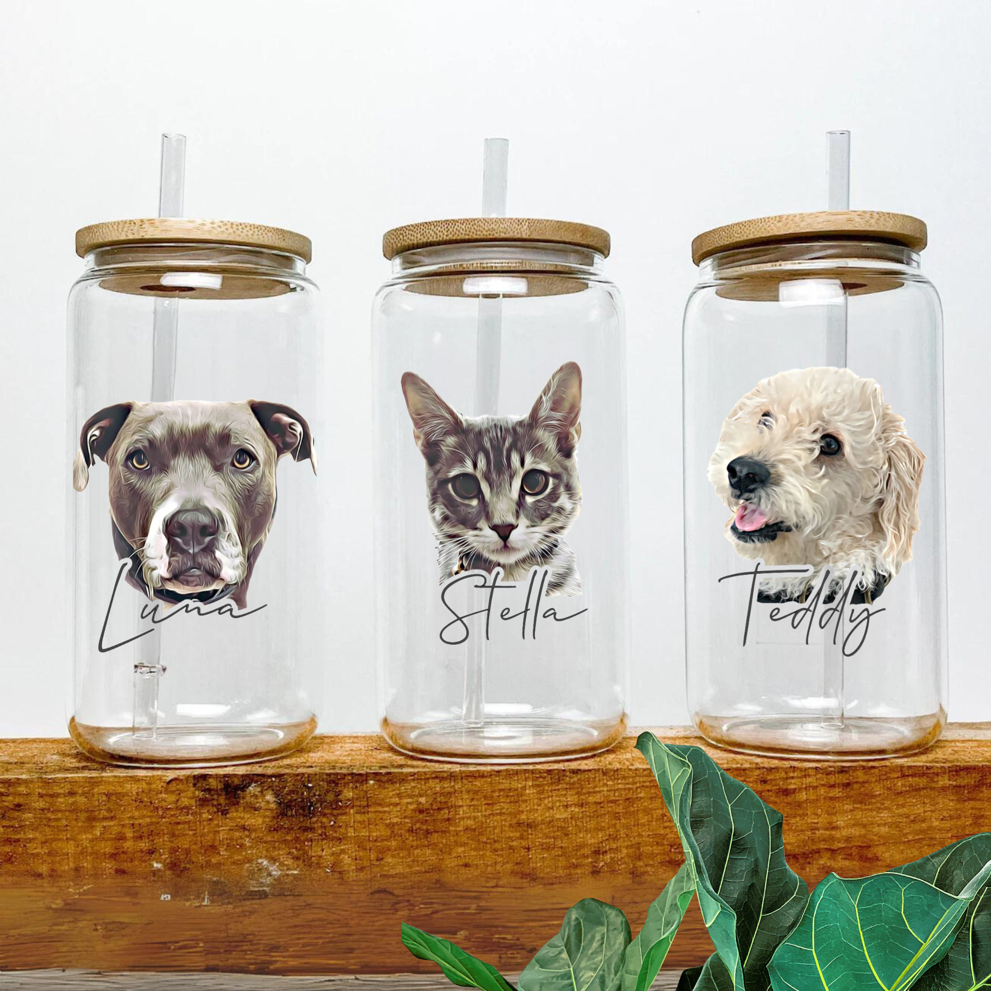 Personalized Pet Glass with Bamboo Lid, Custom Pet Portrait Cup