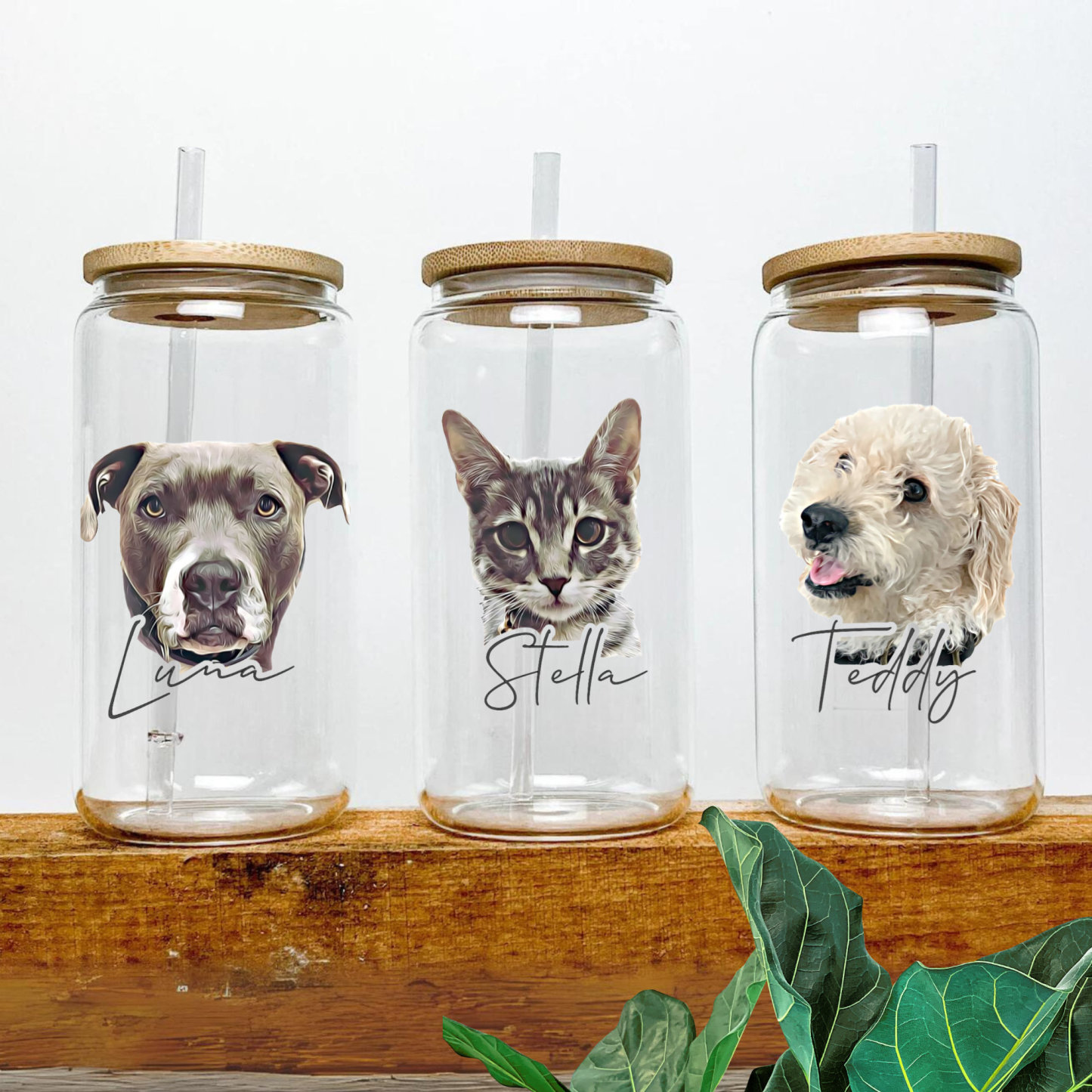 Personalized Pet Glass with Bamboo Lid, Custom Pet Portrait Cup