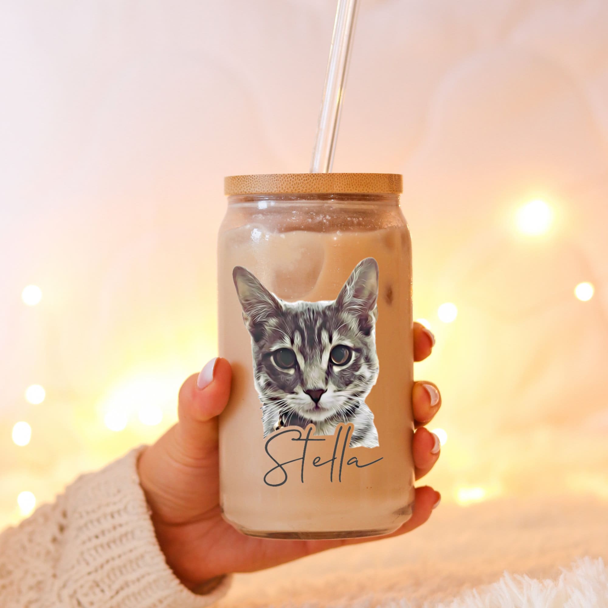 Personalized Pet Glass with Bamboo Lid, Custom Pet Portrait Cup