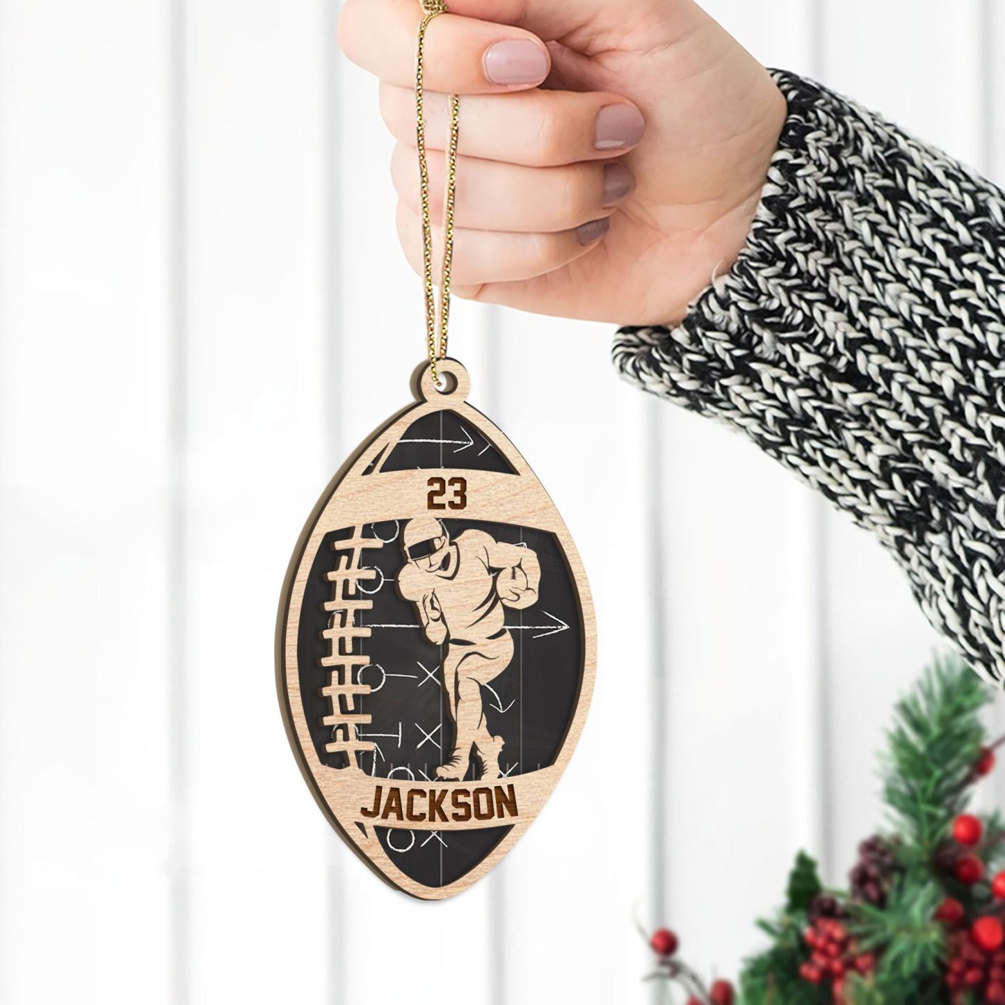 Personalized Football American  Wood Ornament, Custom Football Player Christmas Tree Ornament