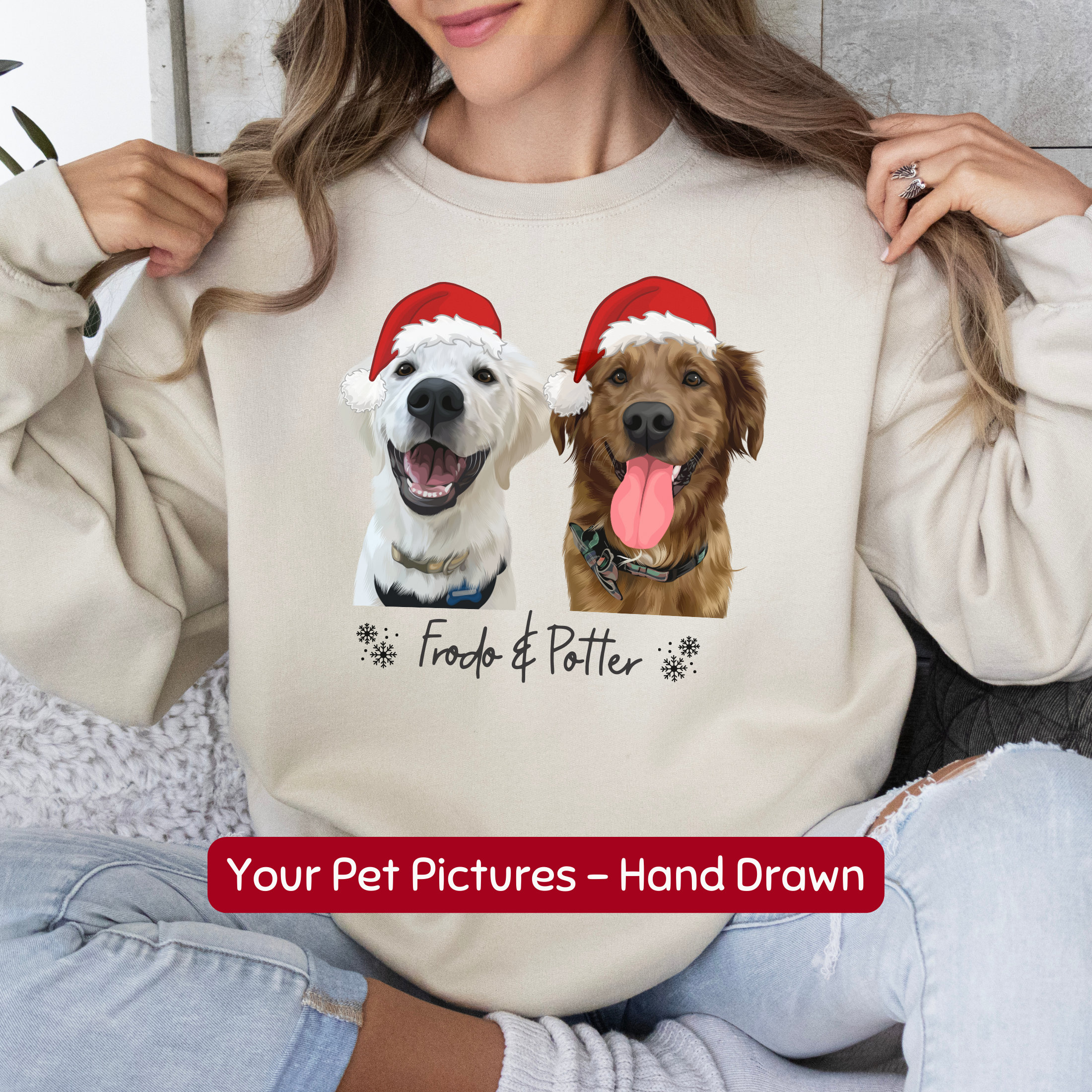 Personalized Pet Sweater Using Pet Photo + Name Custom Hand Drawn Dog Face Christmas Sweatshirt
