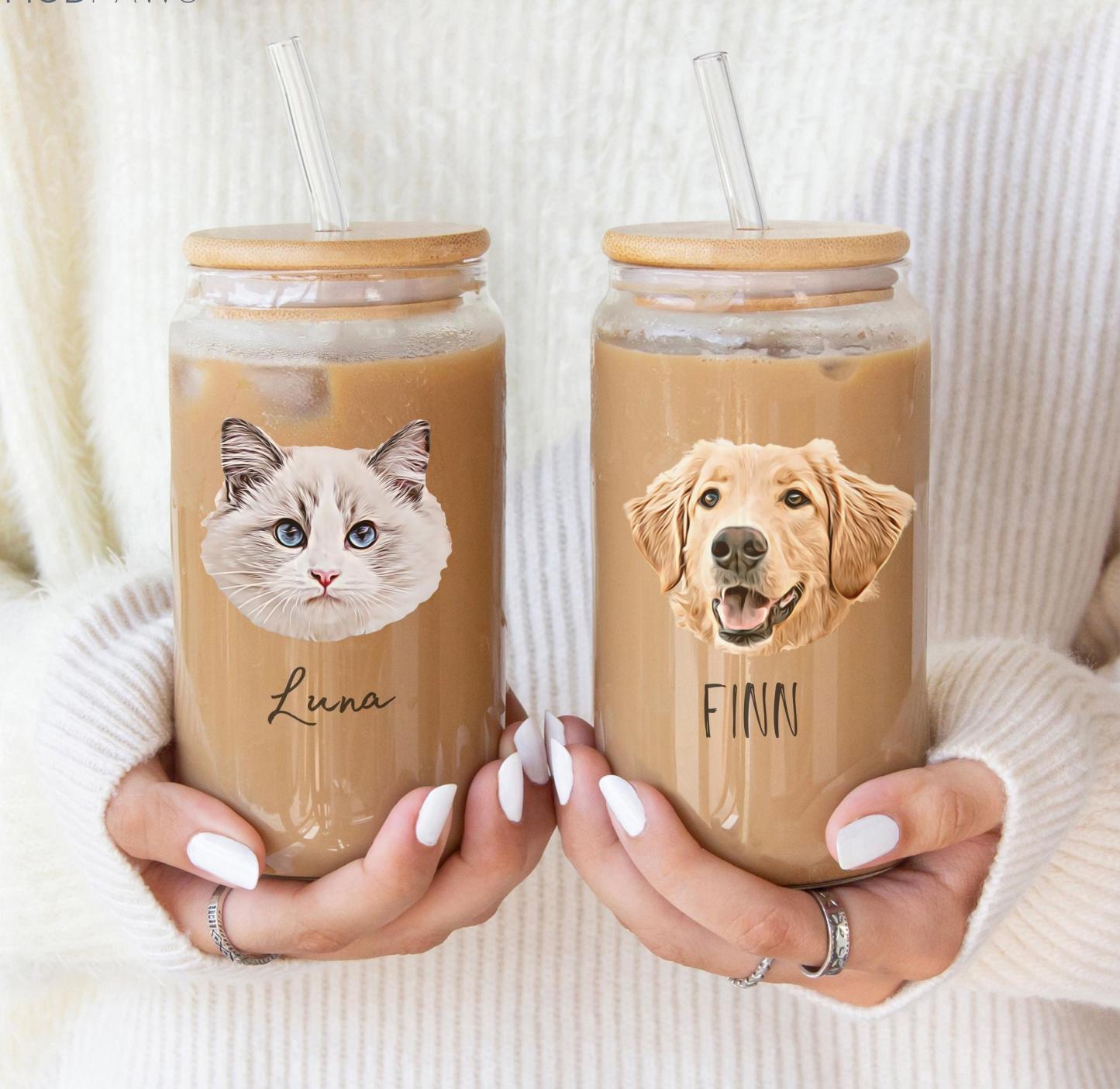 Personalized Pet Glass with Bamboo Lid, Custom Pet Portrait Cup