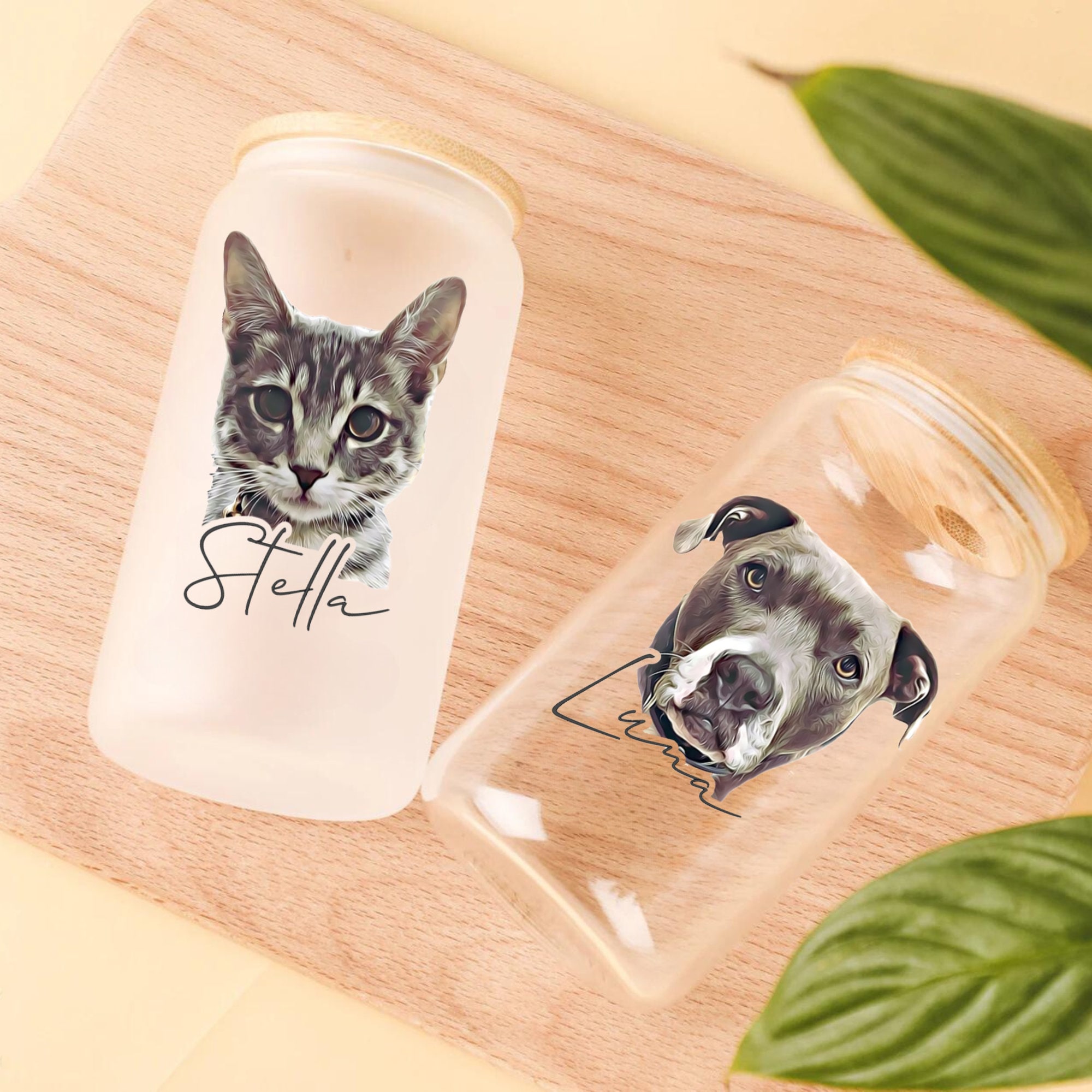 Personalized Pet Glass with Bamboo Lid, Custom Pet Portrait Cup