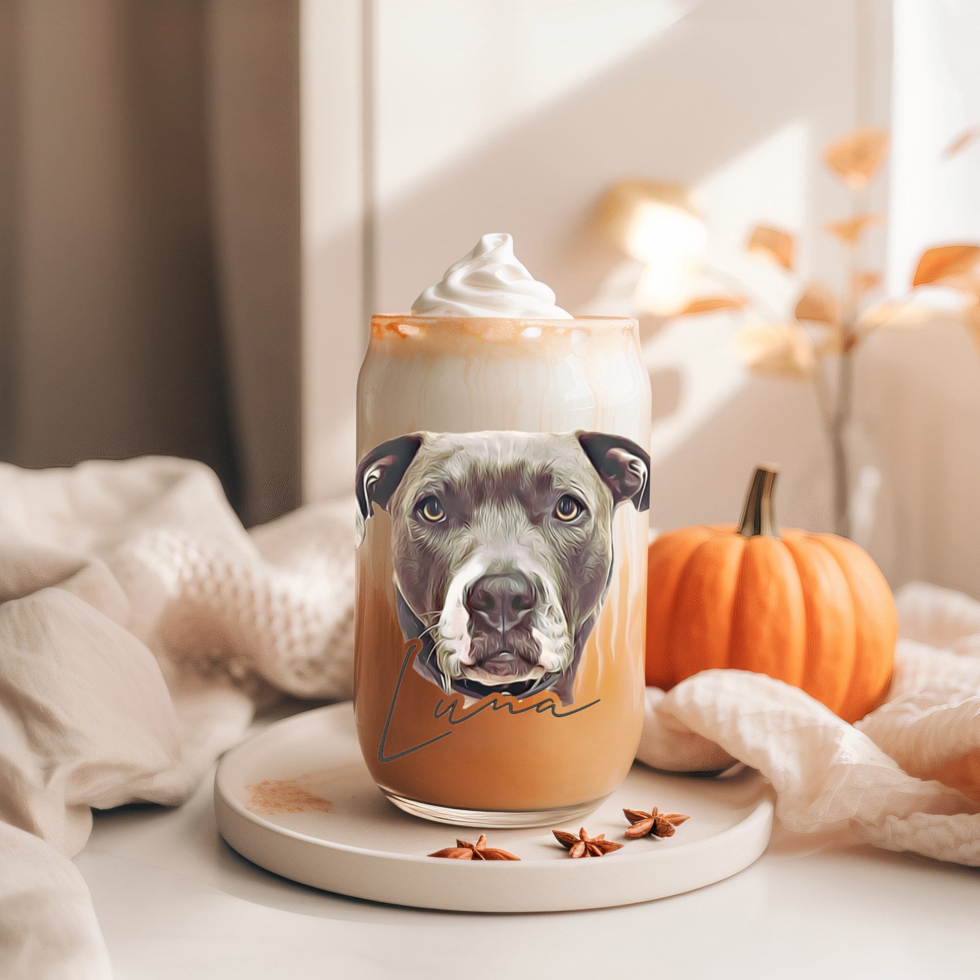 Personalized Pet Glass with Bamboo Lid, Custom Pet Portrait Cup
