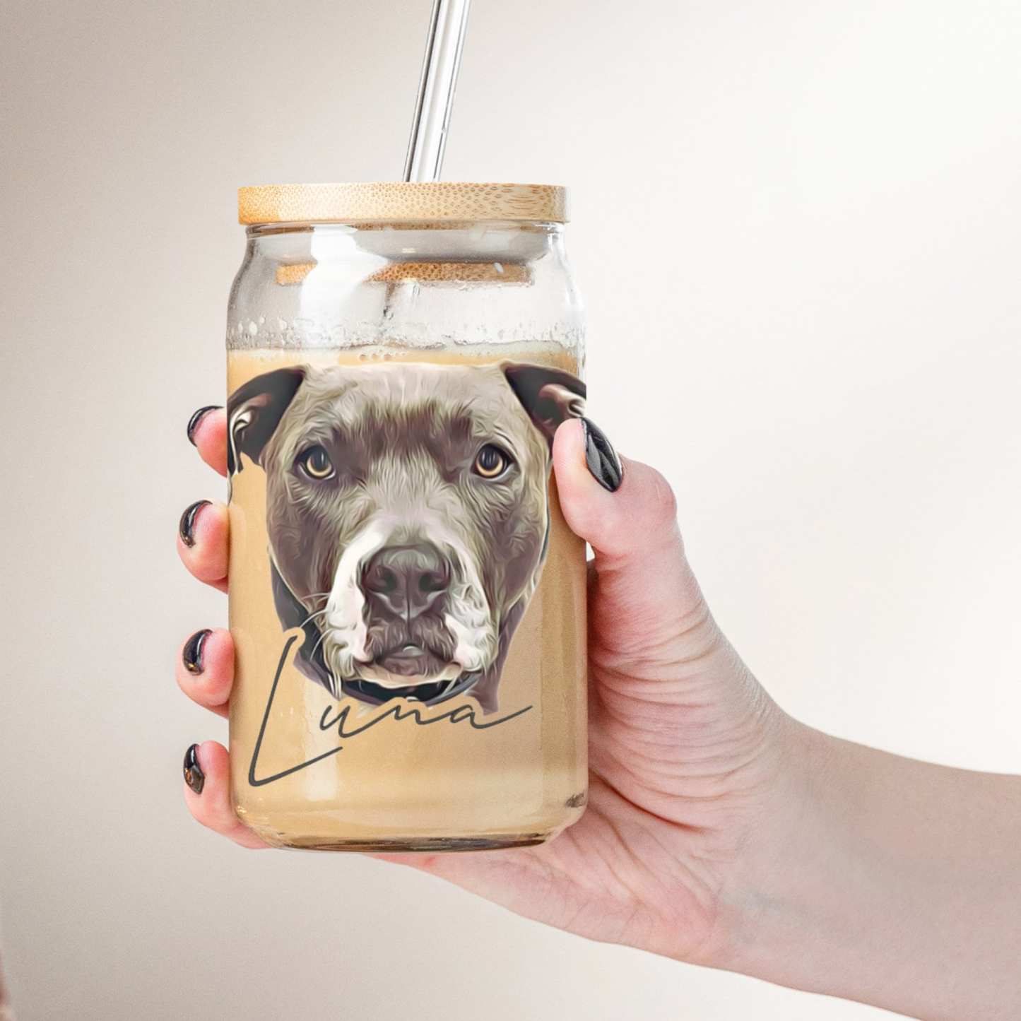 Personalized Pet Glass with Bamboo Lid, Custom Pet Portrait Cup