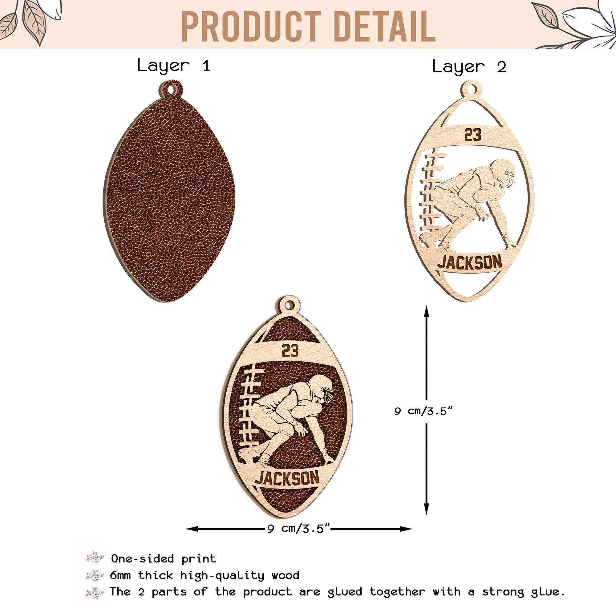 Personalized Football American  Wood Ornament, Custom Football Player Christmas Tree Ornament