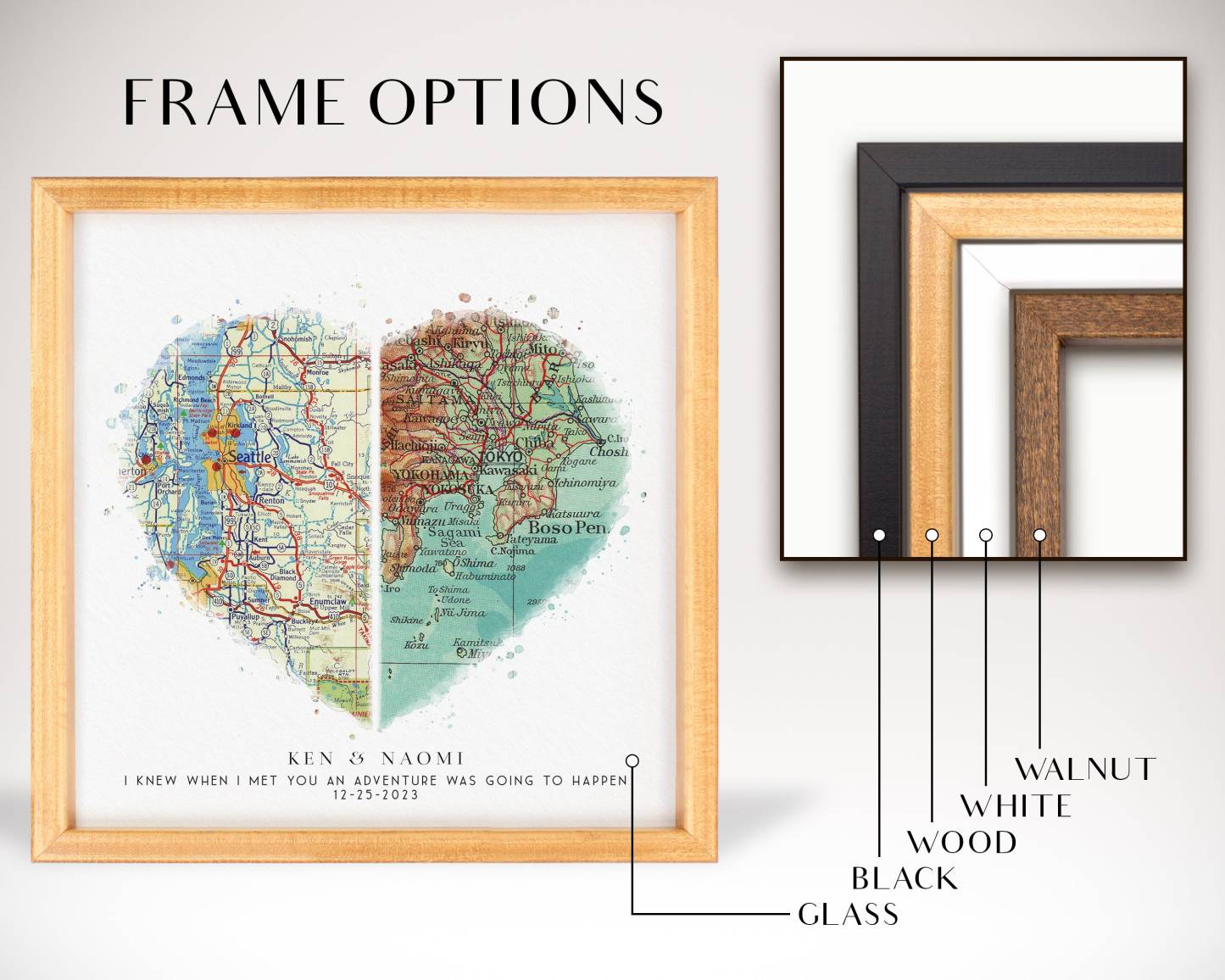 Personalized Heart Shaped Map for Long Distance Relationships, Valentine's Day Gift for Him or Her, 1 Year Anniversary Gift for Boyfriend