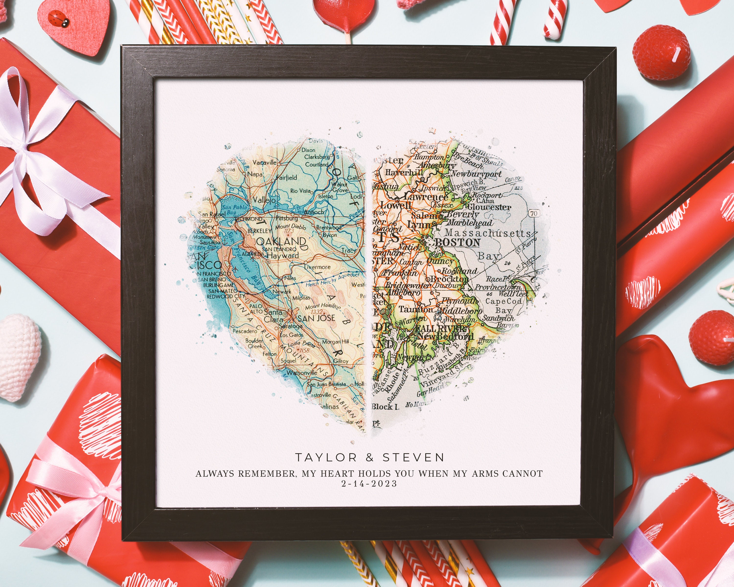 Personalized Heart Shaped Map for Long Distance Relationships, Valentine's Day Gift for Him or Her, 1 Year Anniversary Gift for Boyfriend