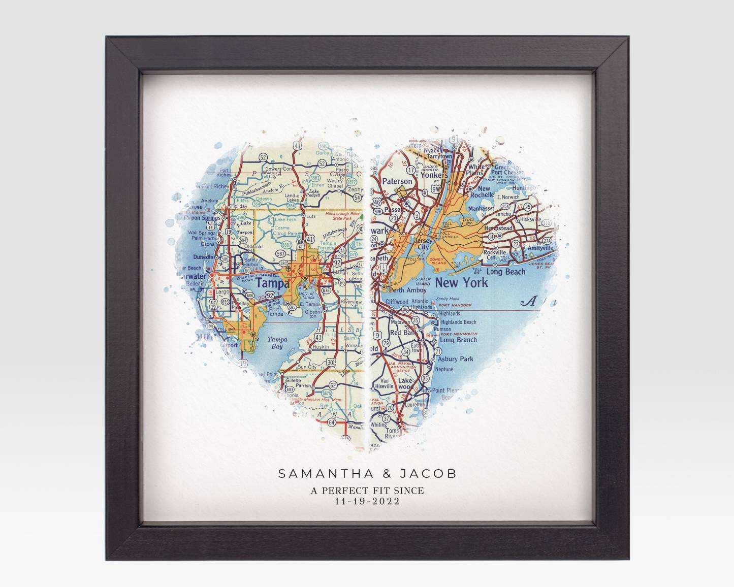 Personalized Heart Shaped Map for Long Distance Relationships, Valentine's Day Gift for Him or Her, 1 Year Anniversary Gift for Boyfriend