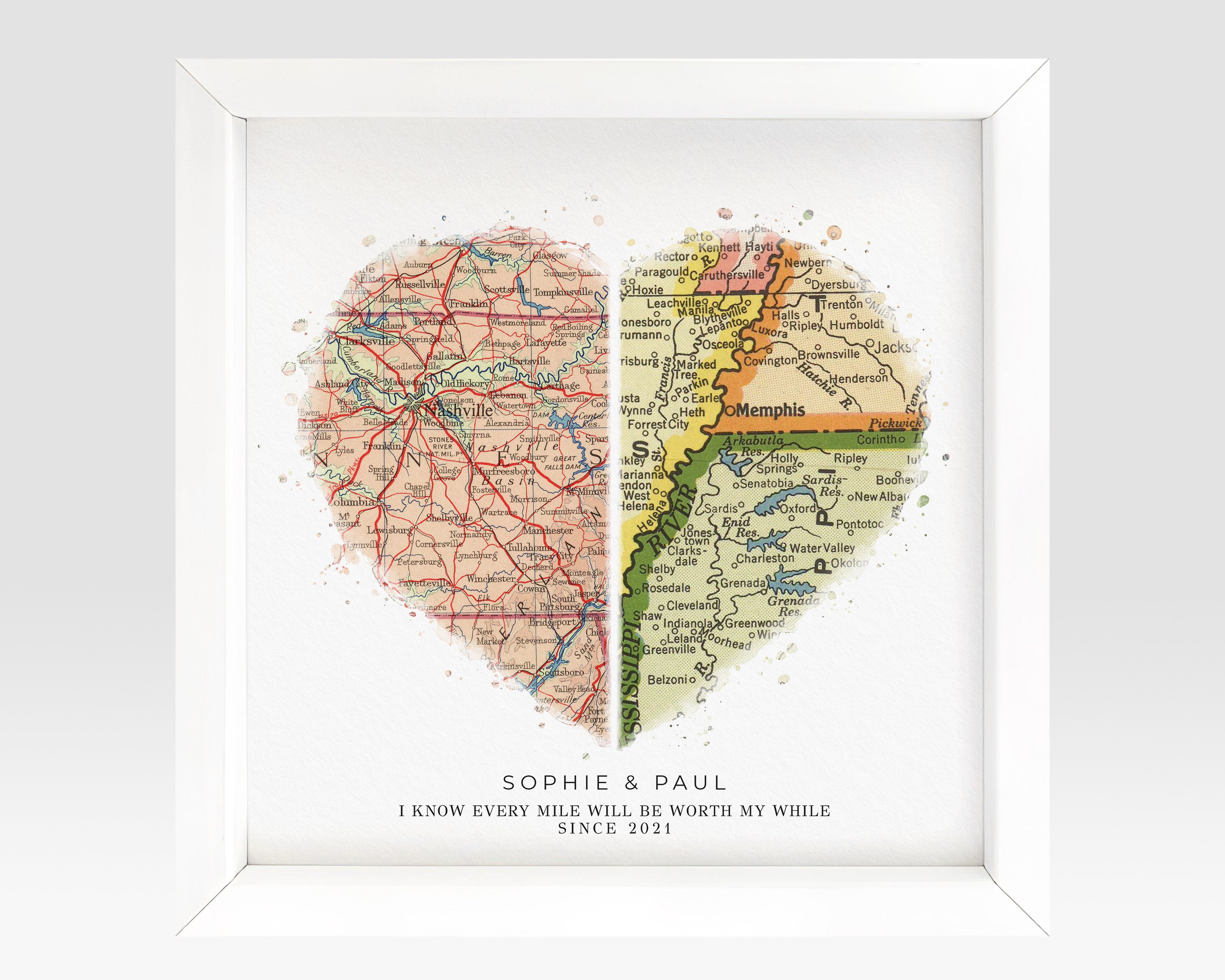 Personalized Heart Shaped Map for Long Distance Relationships, Valentine's Day Gift for Him or Her, 1 Year Anniversary Gift for Boyfriend