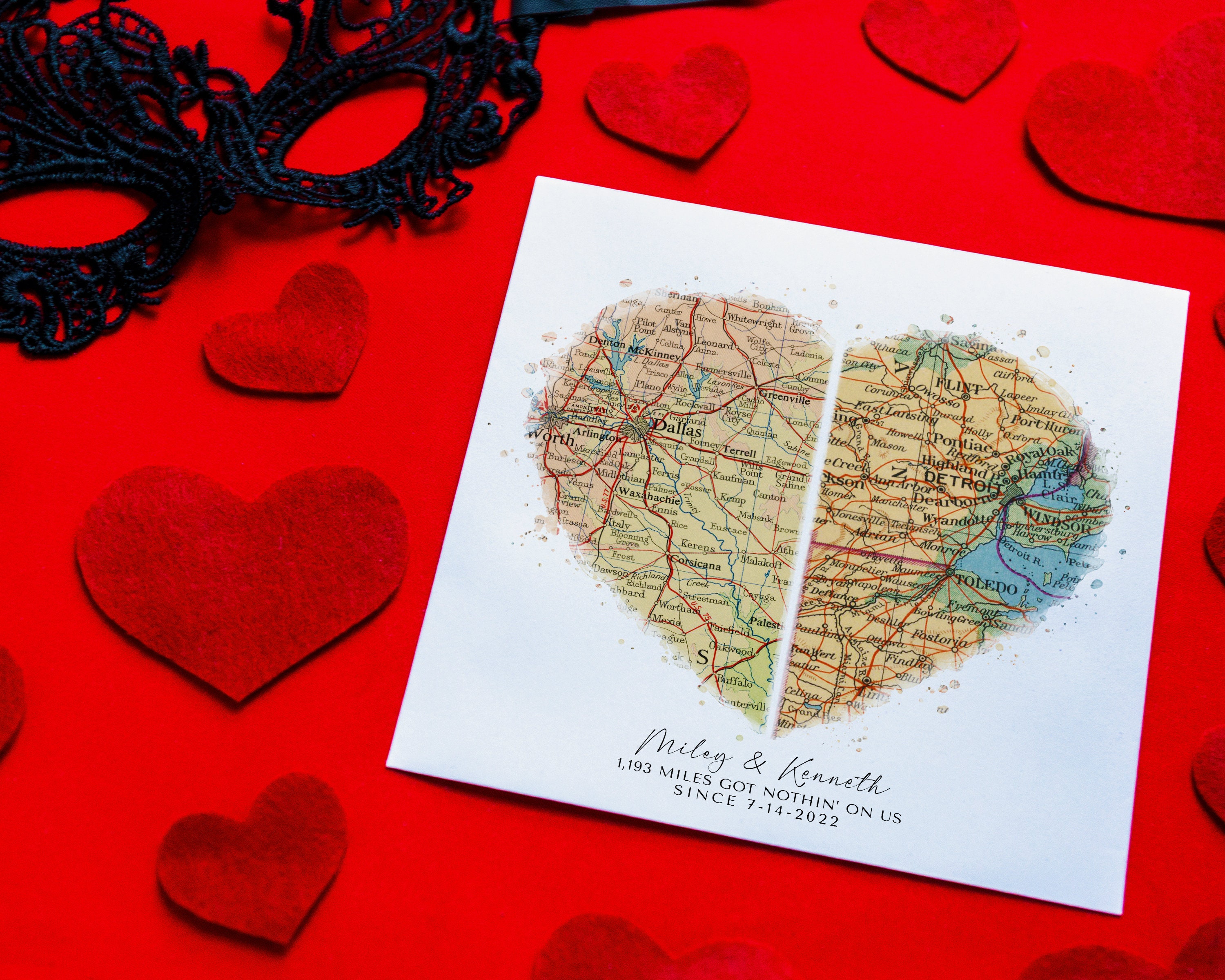Personalized Heart Shaped Map for Long Distance Relationships, Valentine's Day Gift for Him or Her, 1 Year Anniversary Gift for Boyfriend