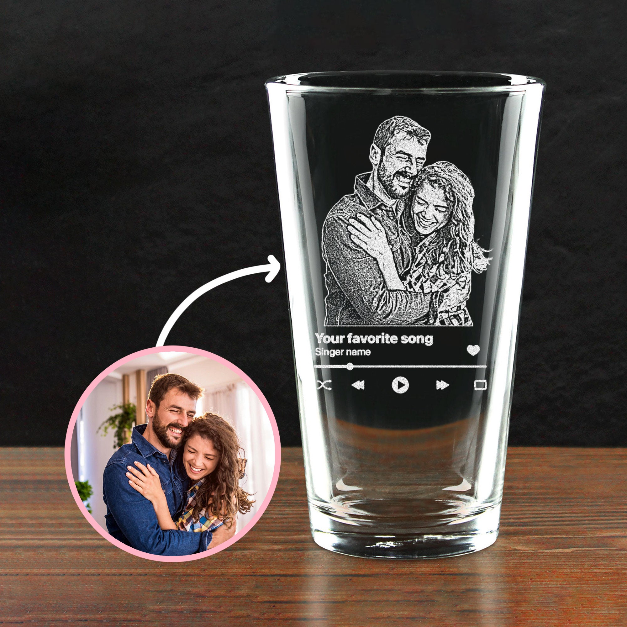 Custom Photo Valentines Day Pint Glass - Engraved Favorite Music Song Beer Glass