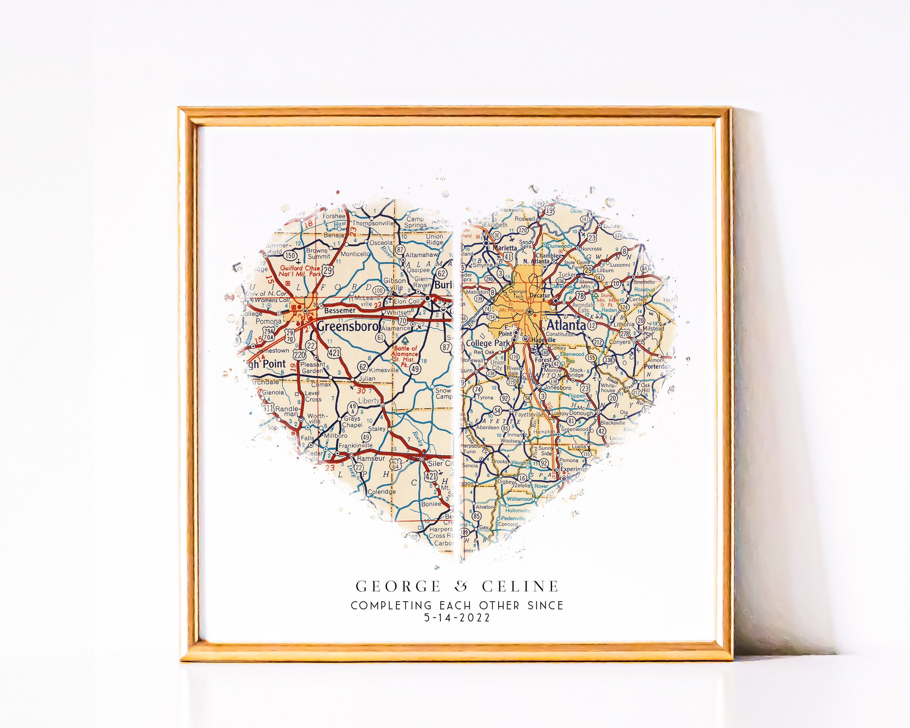 Personalized Heart Shaped Map for Long Distance Relationships, Valentine's Day Gift for Him or Her, 1 Year Anniversary Gift for Boyfriend