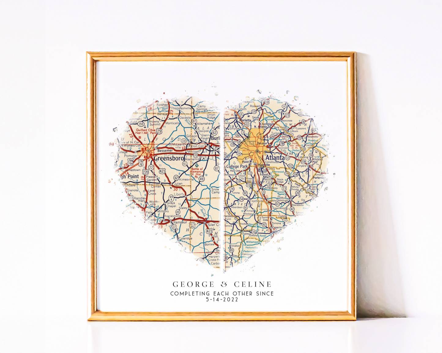 Personalized Heart Shaped Map for Long Distance Relationships, Valentine's Day Gift for Him or Her, 1 Year Anniversary Gift for Boyfriend
