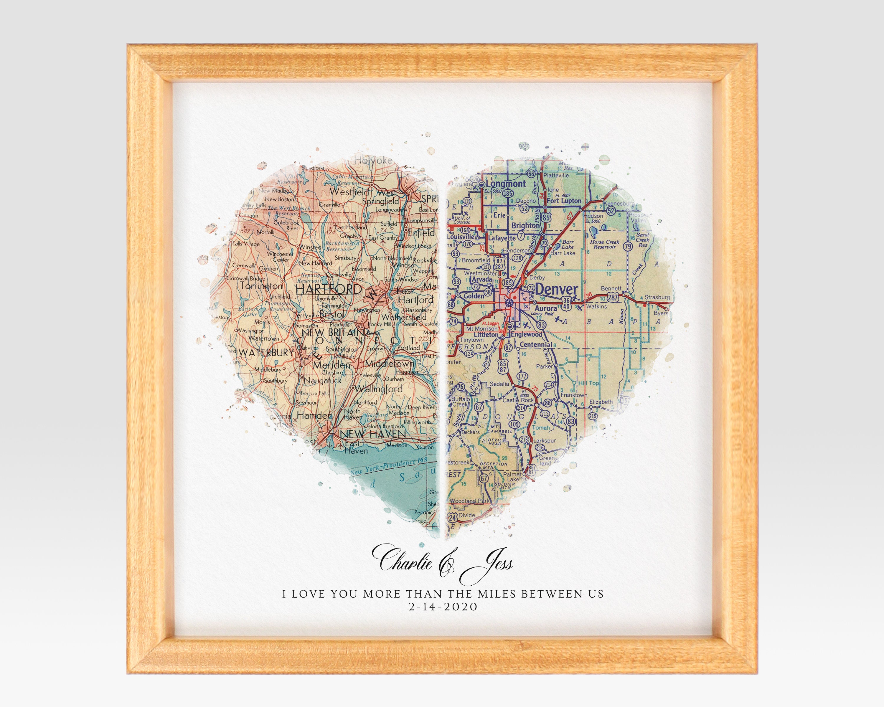Personalized Heart Shaped Map for Long Distance Relationships, Valentine's Day Gift for Him or Her, 1 Year Anniversary Gift for Boyfriend