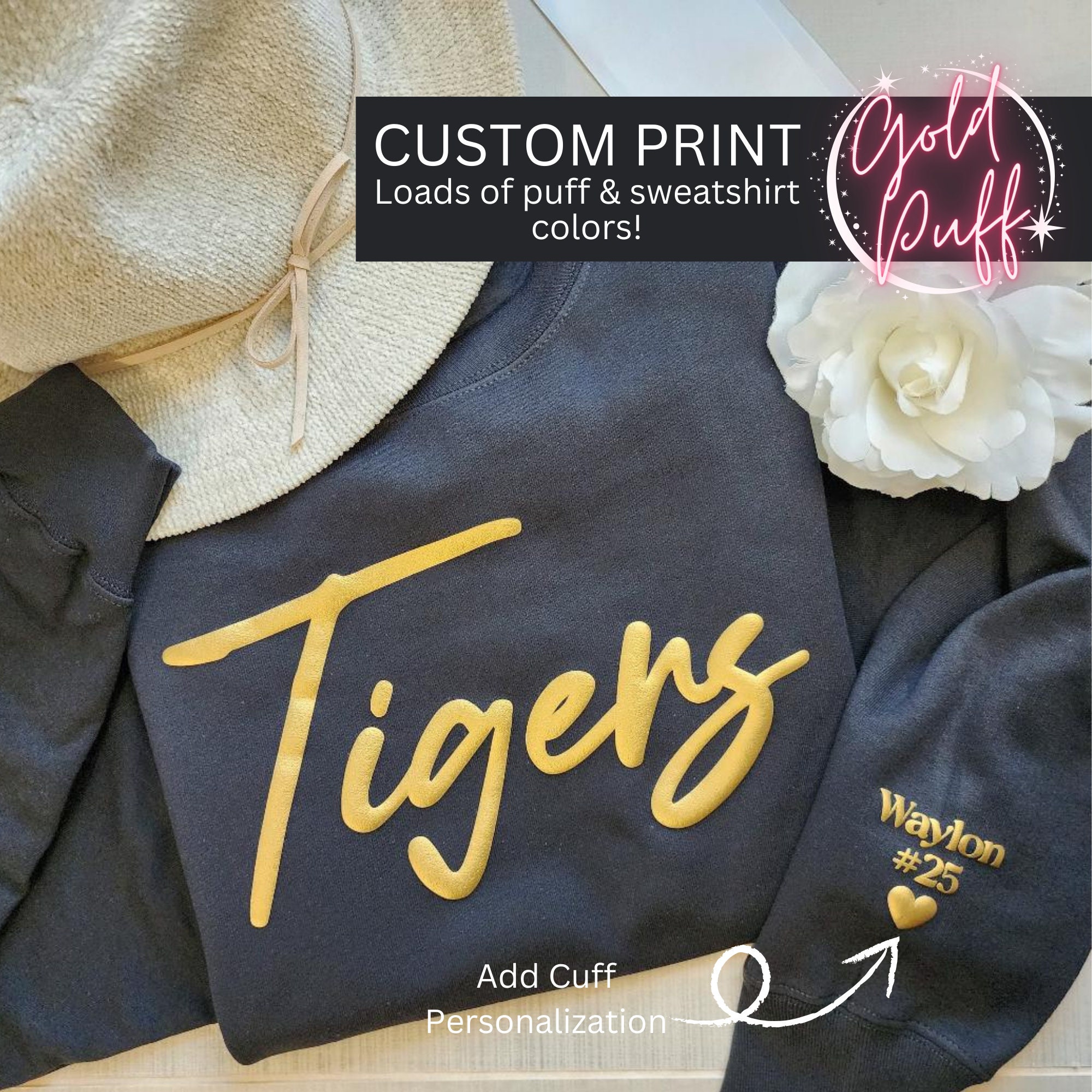 Custom Puff Print Team Name Sweatshirt, Personalized School Mascot Sweater, Embossed Mascot, School Spirit Shirts, Football, Hockey, Cheer