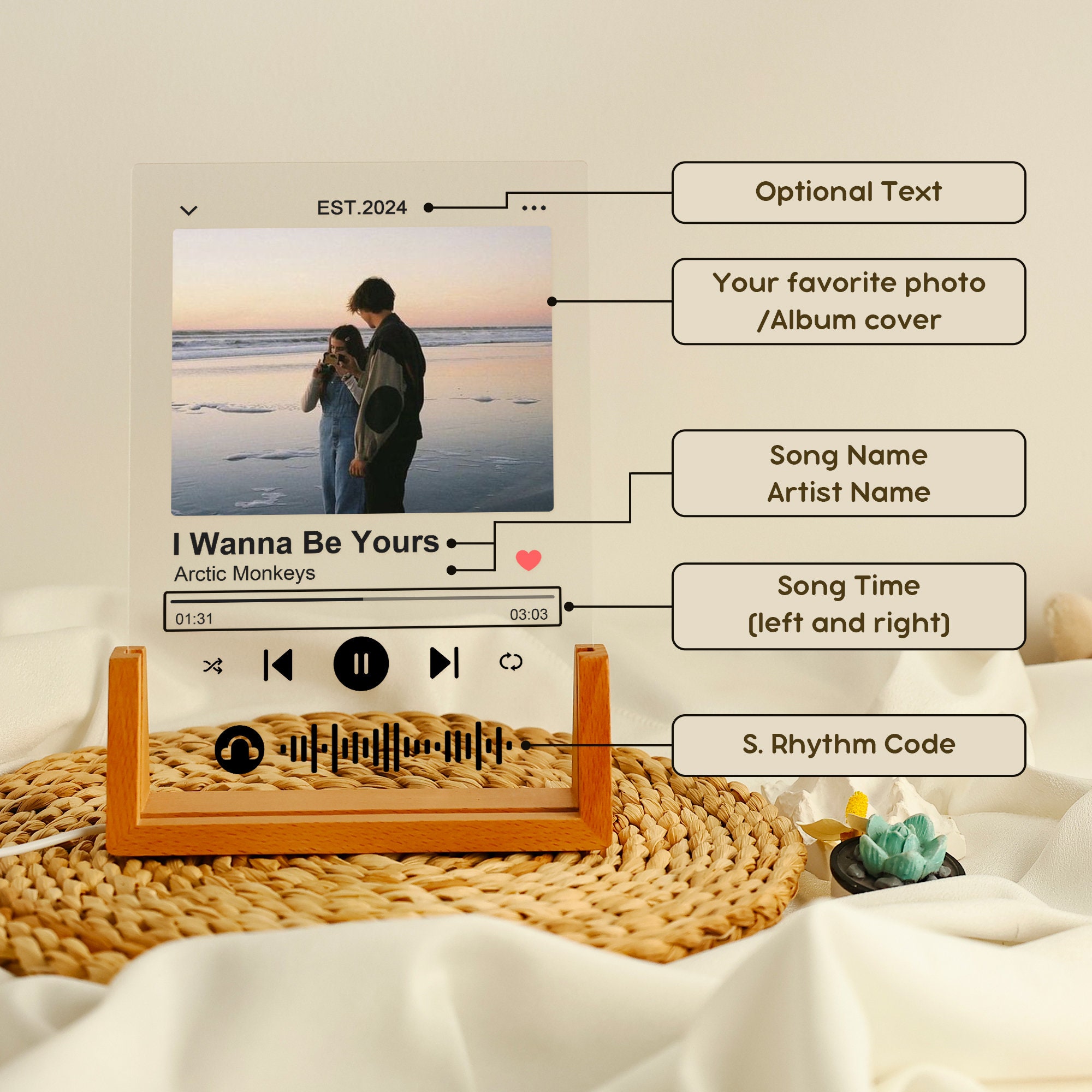 Music Photo Name Night Light, Custom Photo Music Plaque