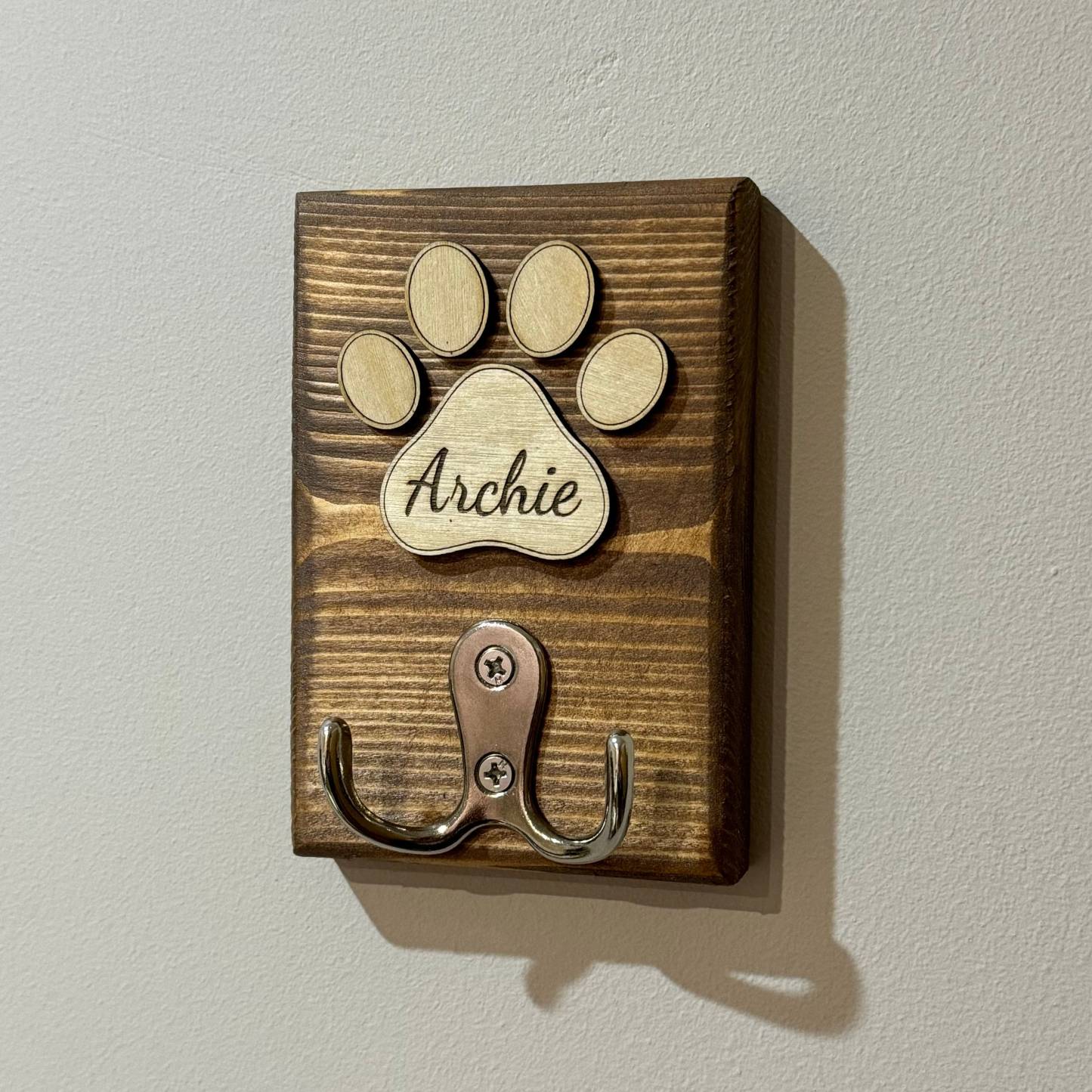 Personalised Dog Lead Holder, Double Chrome Hook, Custom Wooden Dog Leash Hanger, Pet Lover Gift, Bronze Vintage Hook