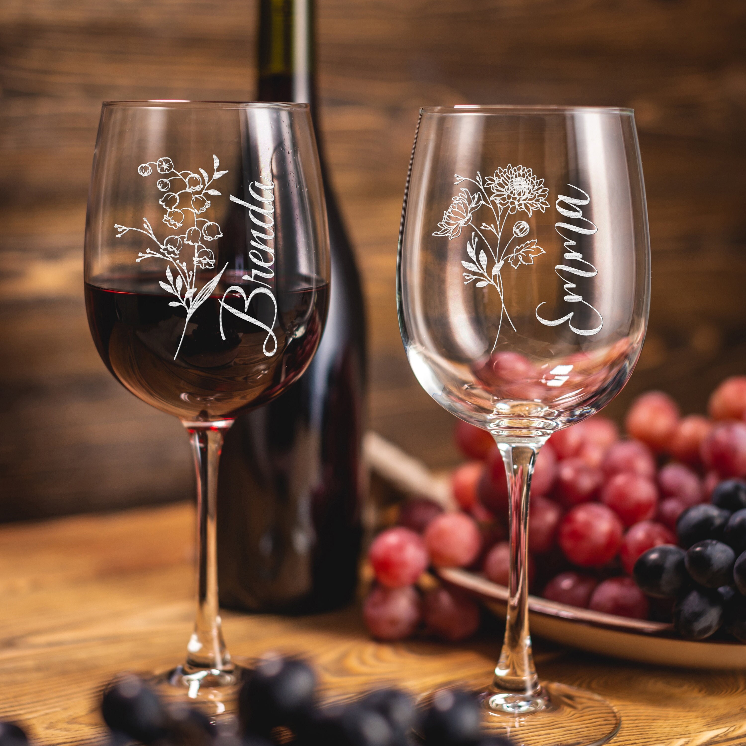 Personalized Birth Flower Glasses,Engraved Wine Glasses
