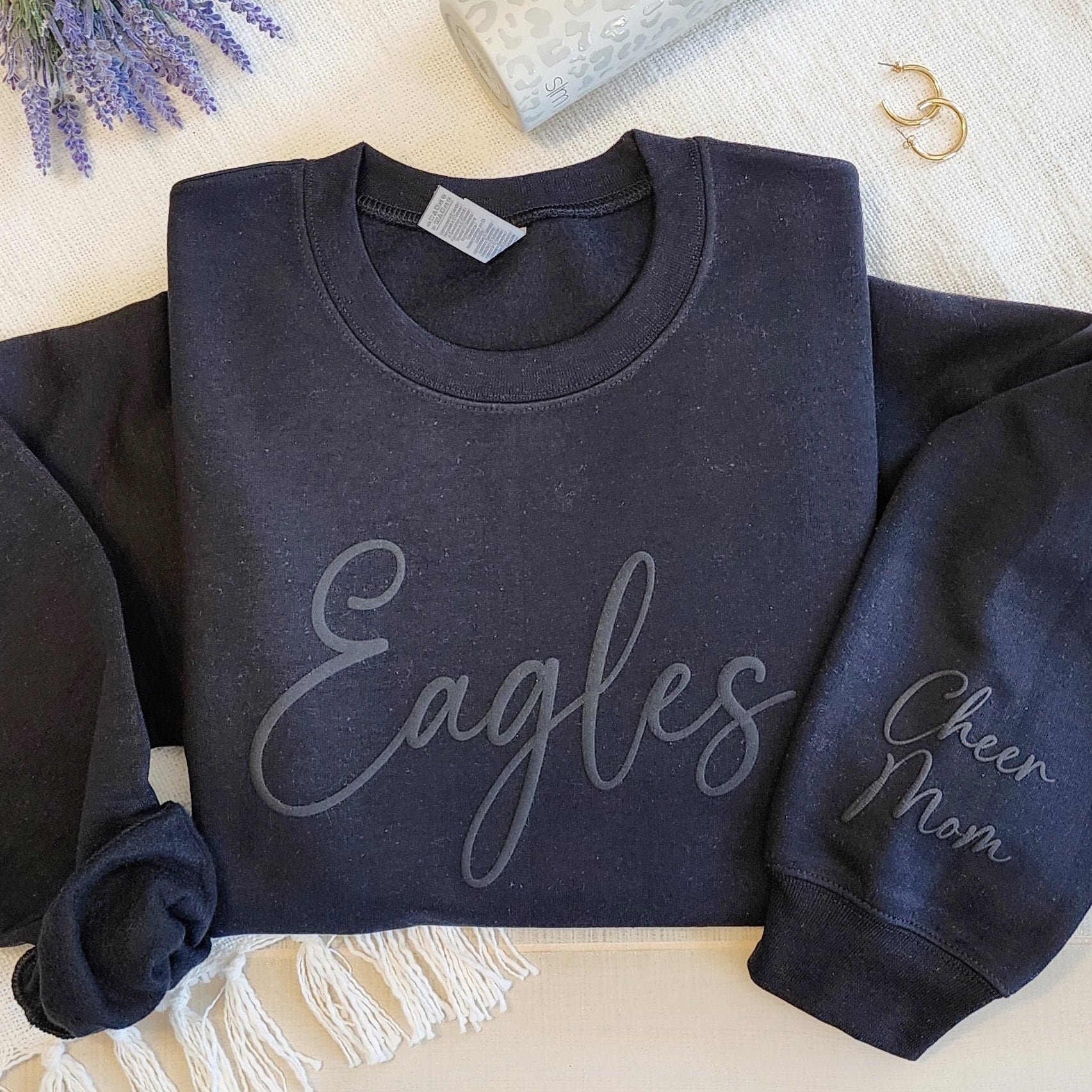 Custom Embossed School Mascot Sweatshirt, Puff Team Name Sweater with Personalized Sleeve, School Spirit Shirt, Cheer, Football Mom