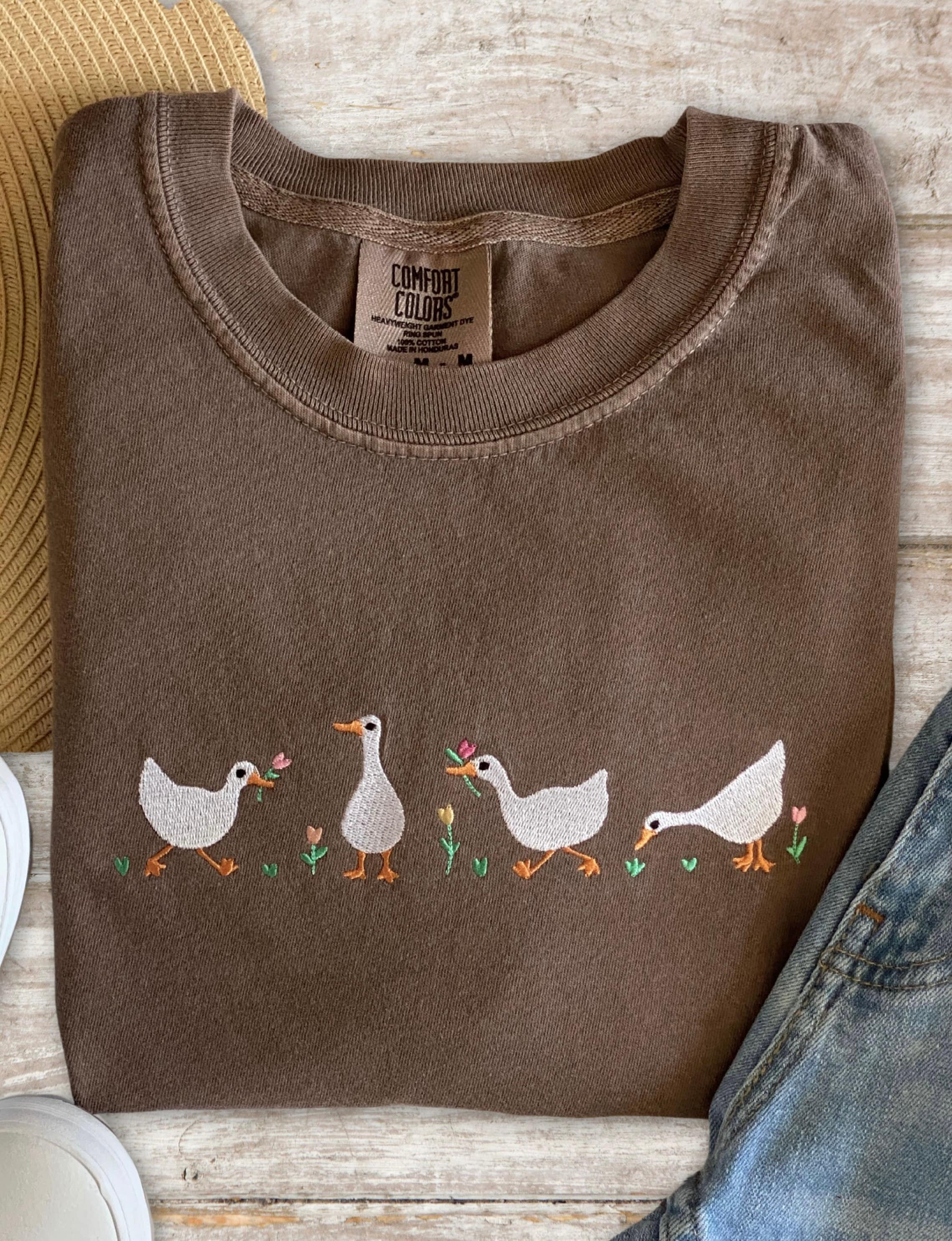 Geese and Spring Tulips Embroidered Comfort Colors T-shirt, Flowers, Nature Tee