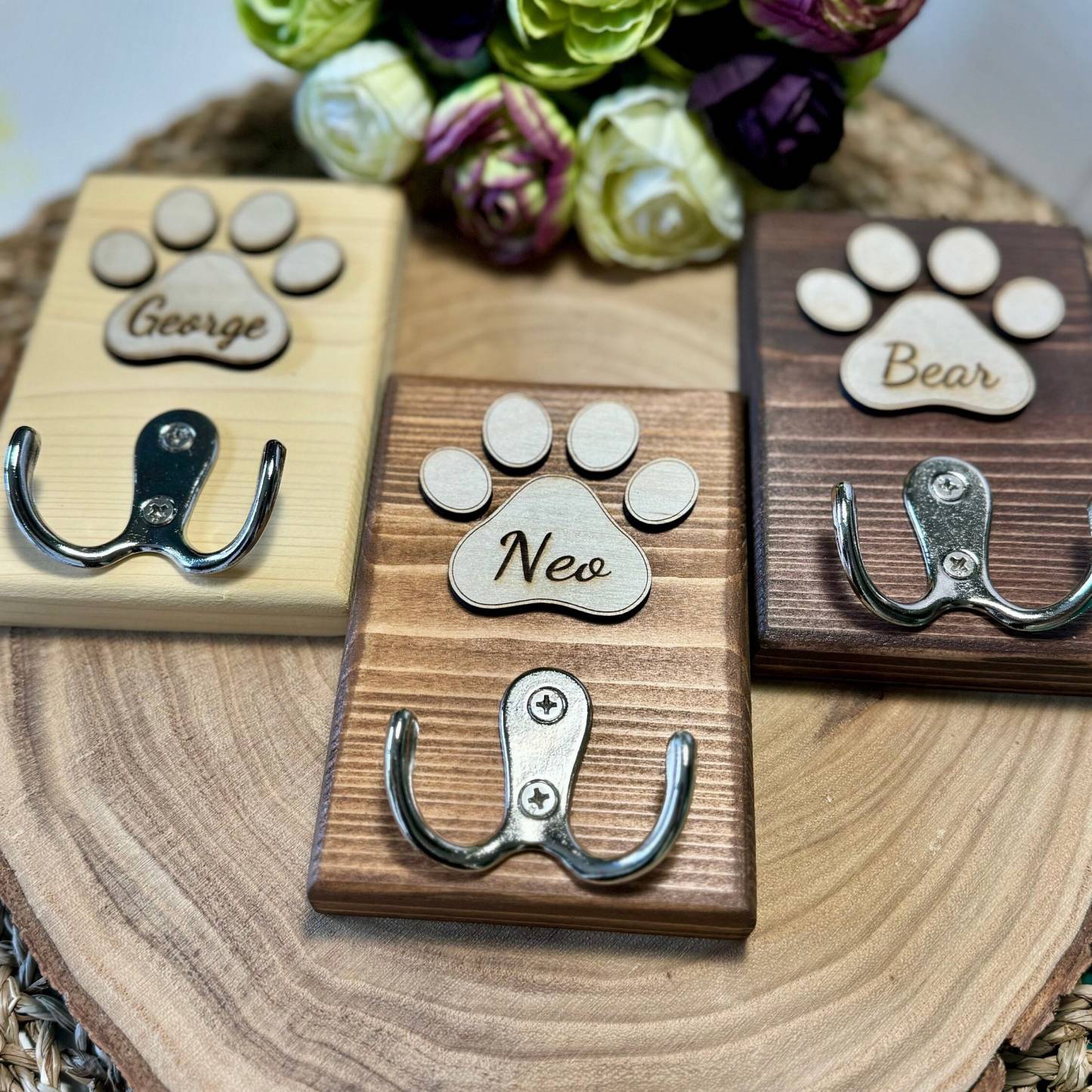 Personalised Dog Lead Holder, Double Chrome Hook, Custom Wooden Dog Leash Hanger, Pet Lover Gift, Bronze Vintage Hook