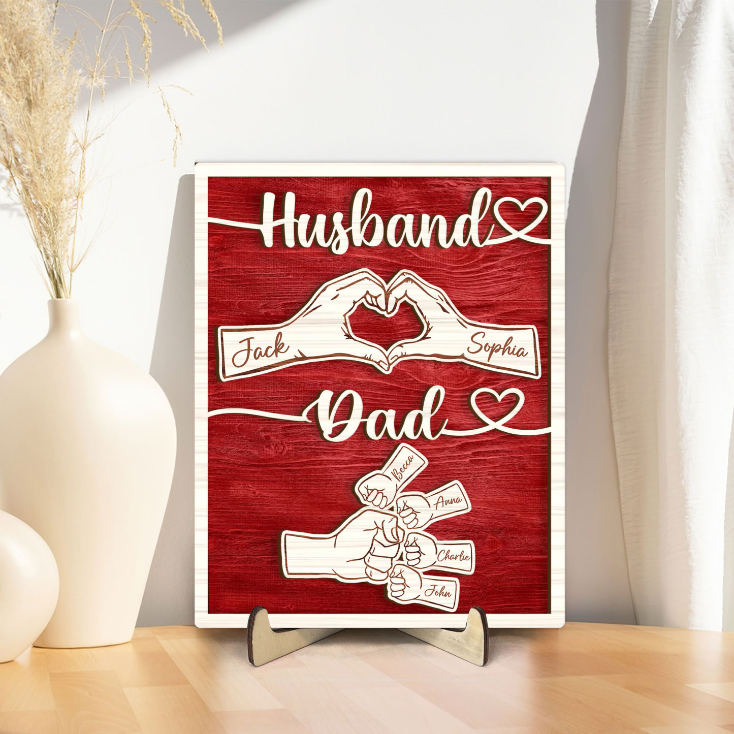 Personalized Dad Wooden Plaque, Custom Kid's Name Wooden Sign, Fist Bump Husband Wood Sign, Father's Day Gift For Dad, Husband, Him