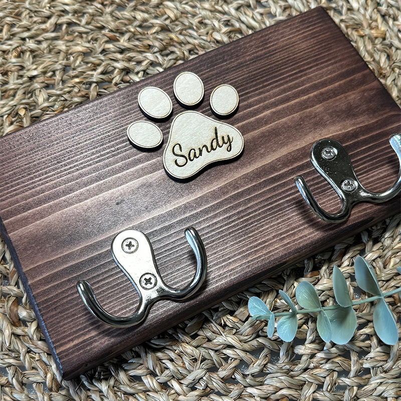 Personalised Dog Lead Holder, Double Chrome Hook, Custom Wooden Dog Leash Hanger, Pet Lover Gift, Bronze Vintage Hook