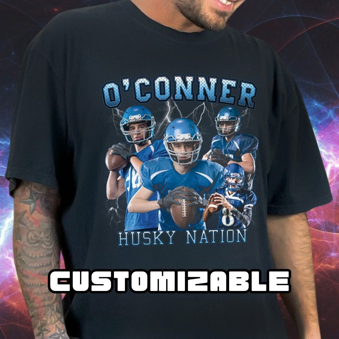 Custom Photo Collage Football Shirt, Personalized 90s Style Bootleg Graphic Sports Tee, Football Senior Mom or Dad Gift, Your Own Bootleg