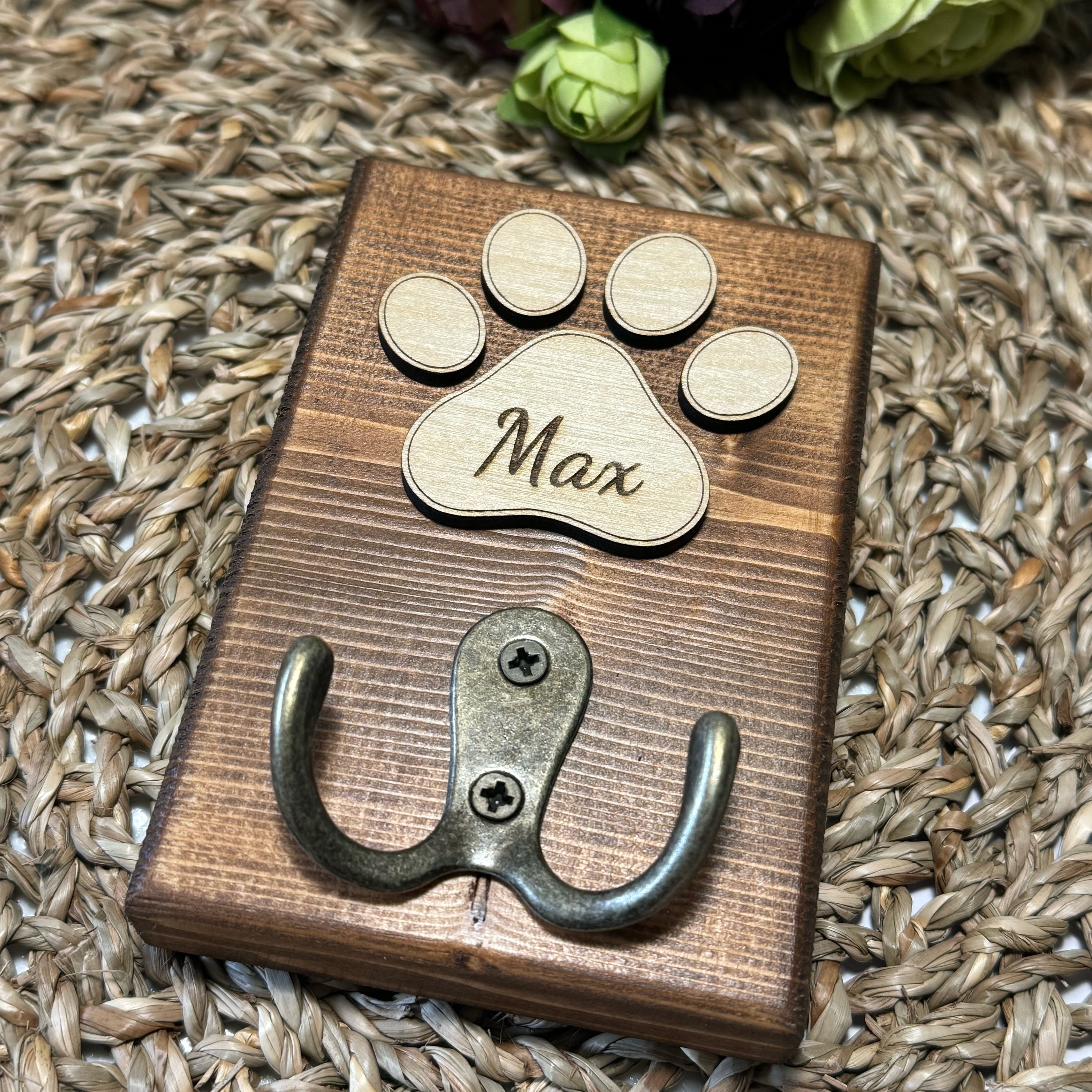 Personalised Dog Lead Holder, Double Chrome Hook, Custom Wooden Dog Leash Hanger, Pet Lover Gift, Bronze Vintage Hook