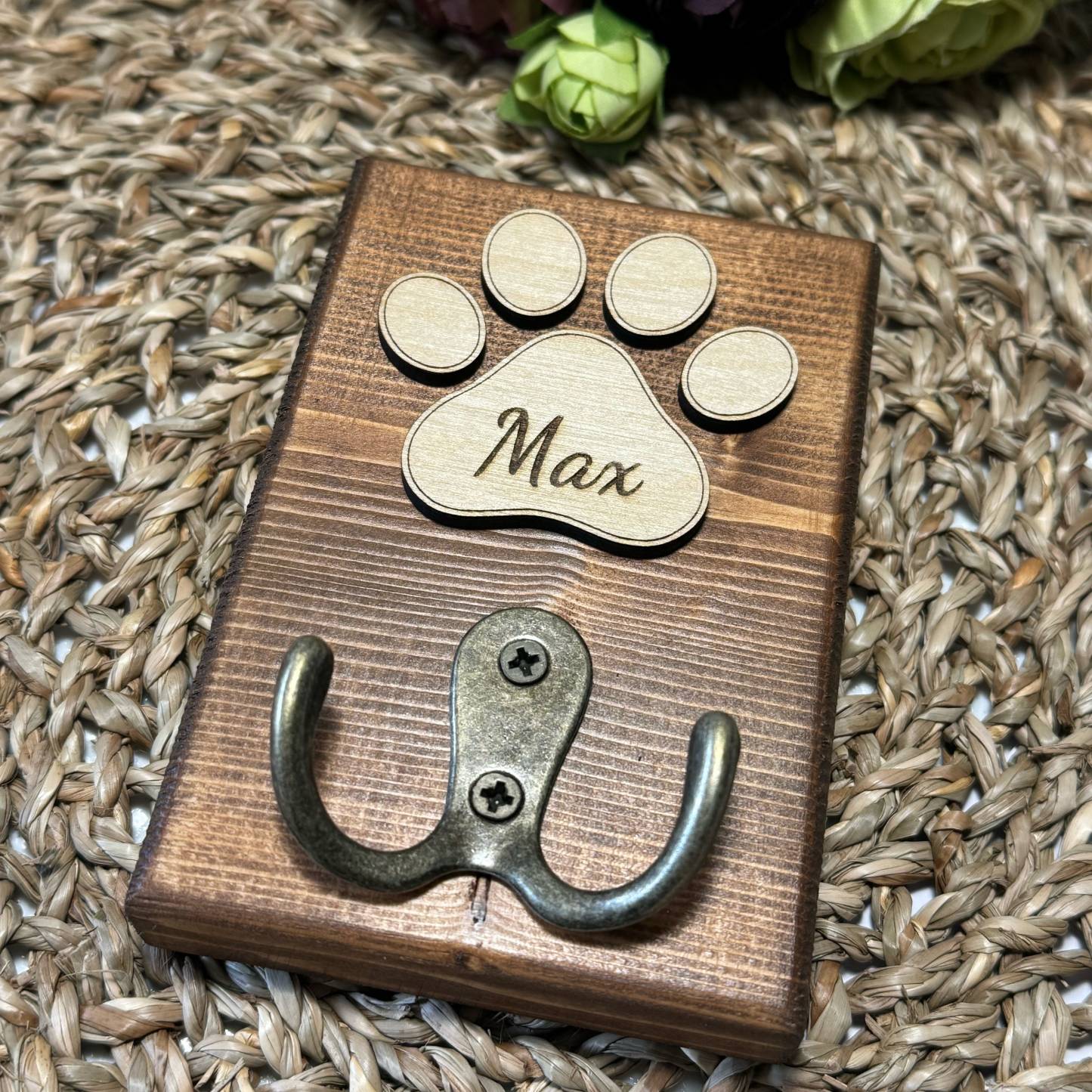 Personalised Dog Lead Holder, Double Chrome Hook, Custom Wooden Dog Leash Hanger, Pet Lover Gift, Bronze Vintage Hook